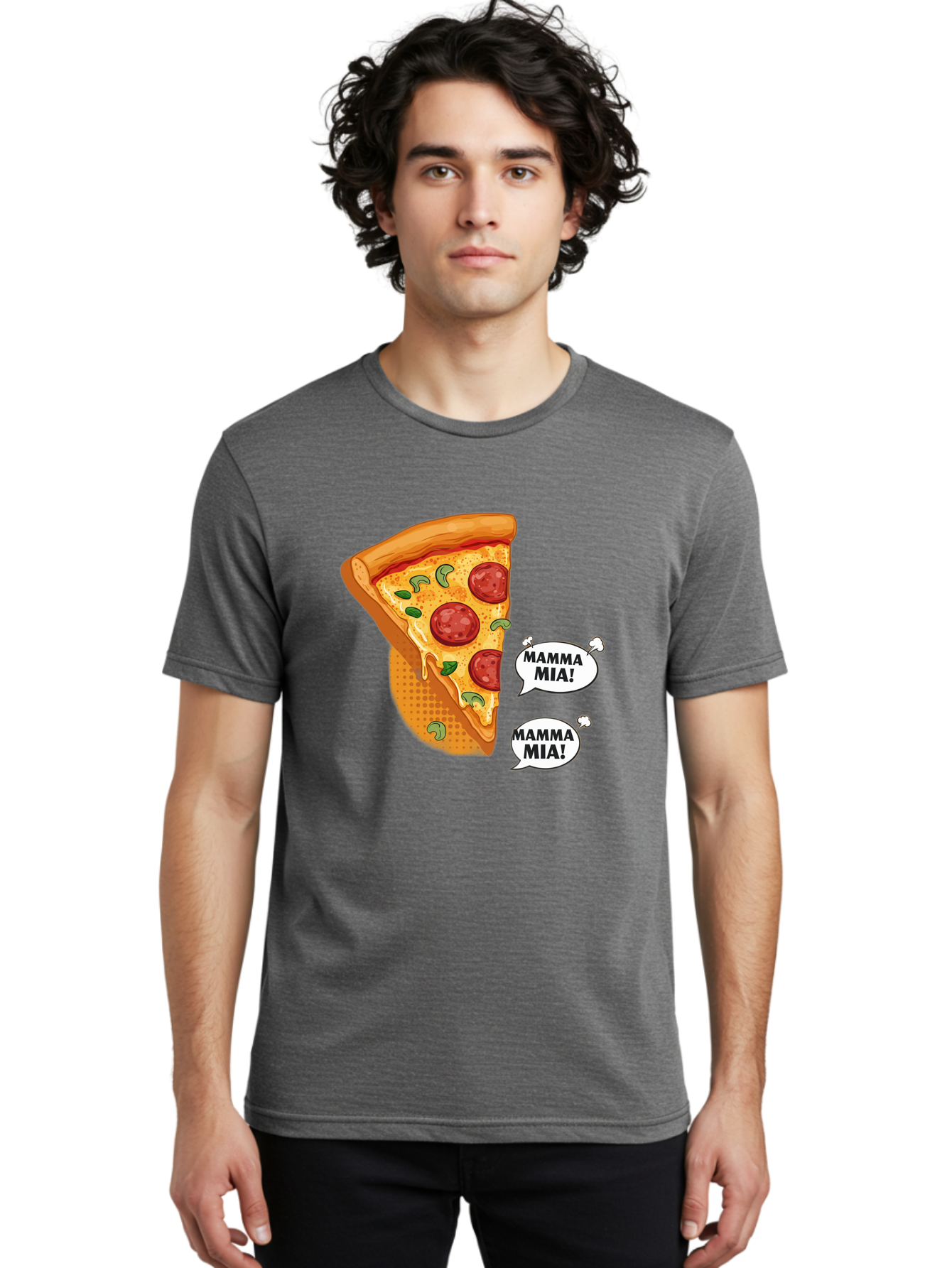 Mamma-Mia-Pizza Men'S Graphic Tee, 100% Cotton, Comfortable Casual Summer Wear, Machine Washable, Pepperoni Pizza Slice, Melted Cheese, Green Basil, Italian Food, Delicious Meal, Mamma Mia, Cartoon Style, Appetizing Dish, Cheesy Goodness, Bac125