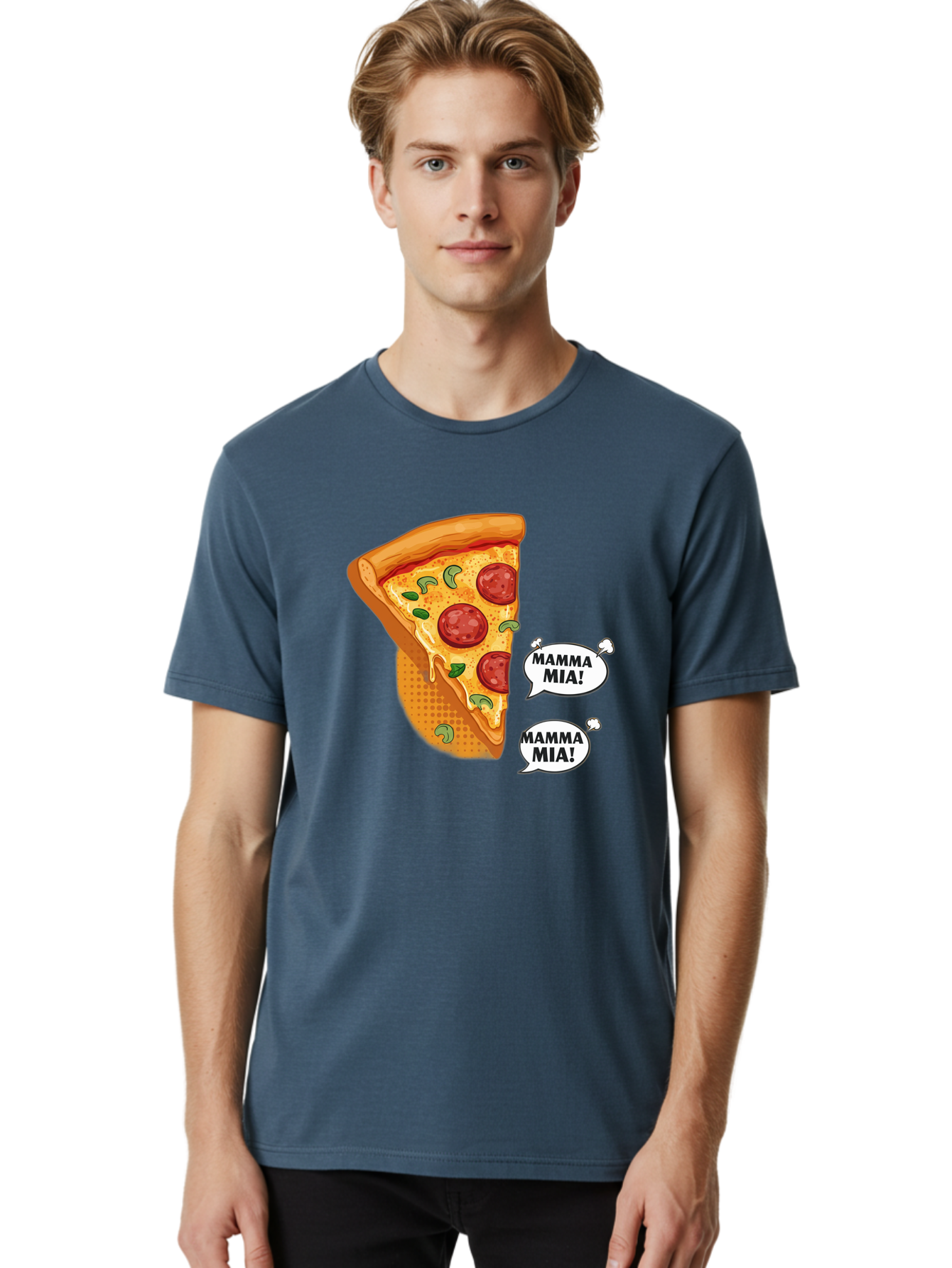 Mamma-Mia-Pizza Men'S Graphic Tee, 100% Cotton, Comfortable Casual Summer Wear, Machine Washable, Pepperoni Pizza Slice, Melted Cheese, Green Basil, Italian Food, Delicious Meal, Mamma Mia, Cartoon Style, Appetizing Dish, Cheesy Goodness, Bac125