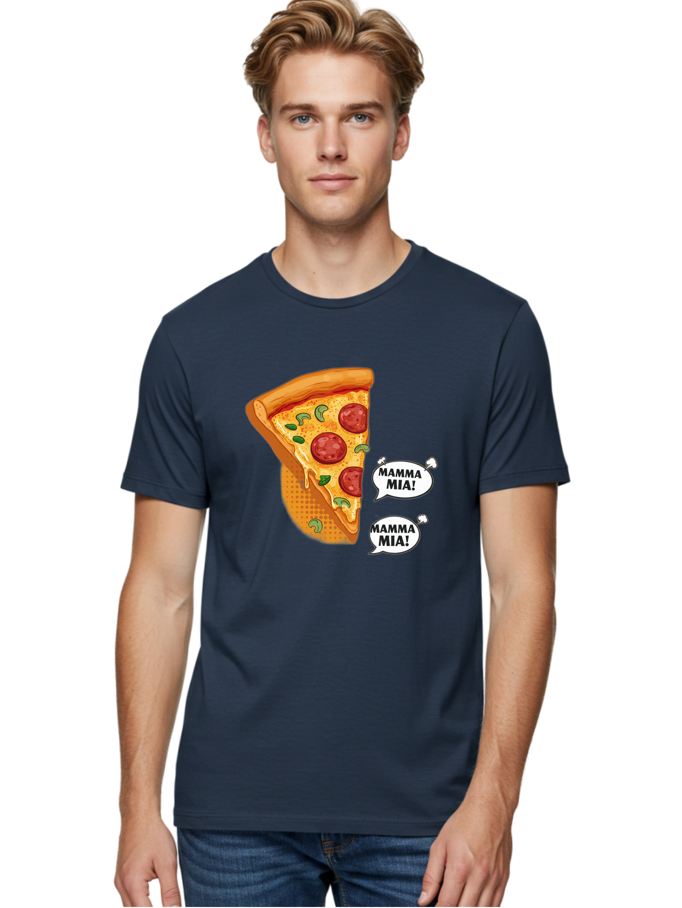 Mamma-Mia-Pizza Men'S Graphic Tee, 100% Cotton, Comfortable Casual Summer Wear, Machine Washable, Pepperoni Pizza Slice, Melted Cheese, Green Basil, Italian Food, Delicious Meal, Mamma Mia, Cartoon Style, Appetizing Dish, Cheesy Goodness, Bac125