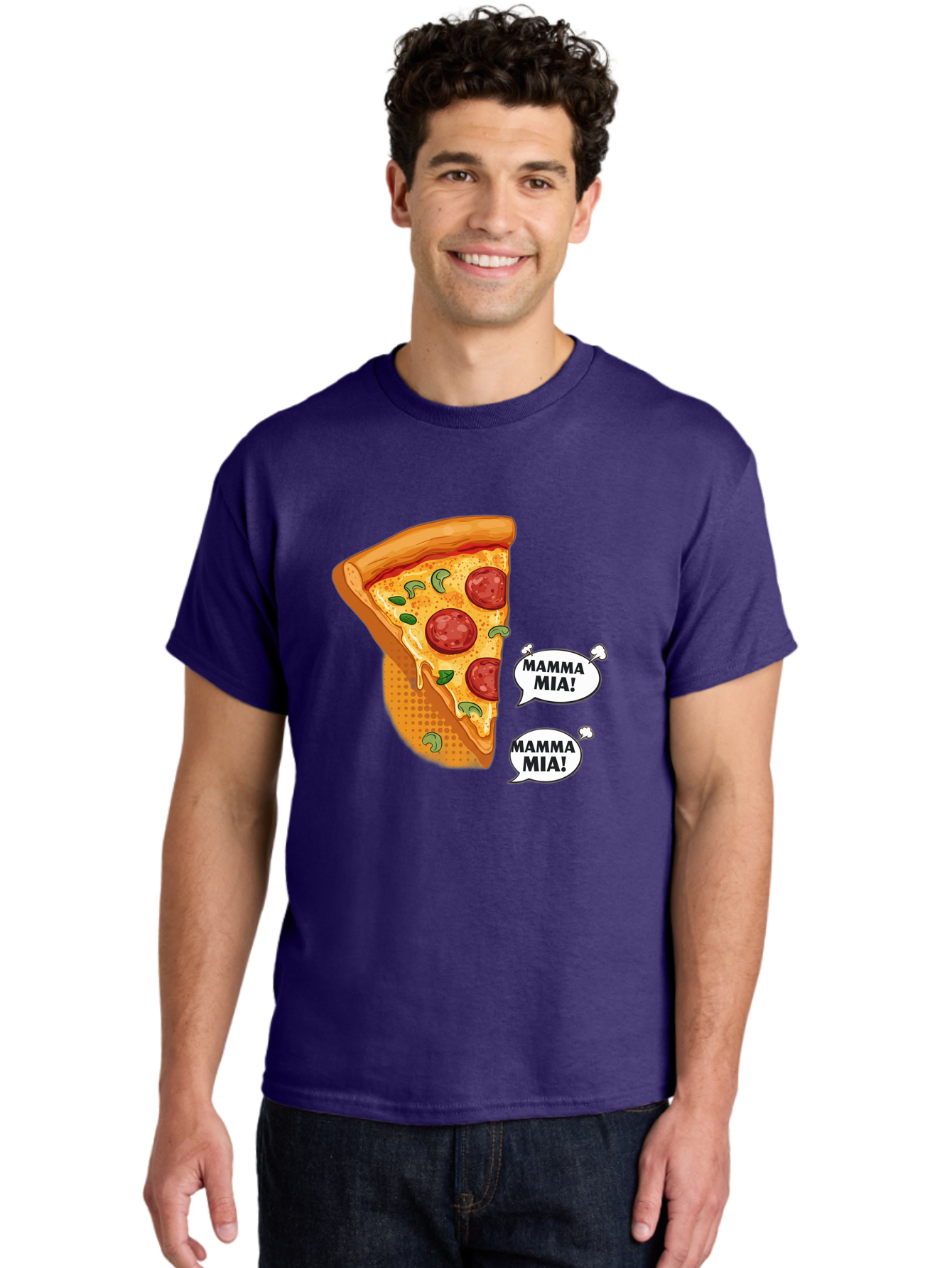 Mamma-Mia-Pizza Men'S Graphic Tee, 100% Cotton, Comfortable Casual Summer Wear, Machine Washable, Pepperoni Pizza Slice, Melted Cheese, Green Basil, Italian Food, Delicious Meal, Mamma Mia, Cartoon Style, Appetizing Dish, Cheesy Goodness, Bac125