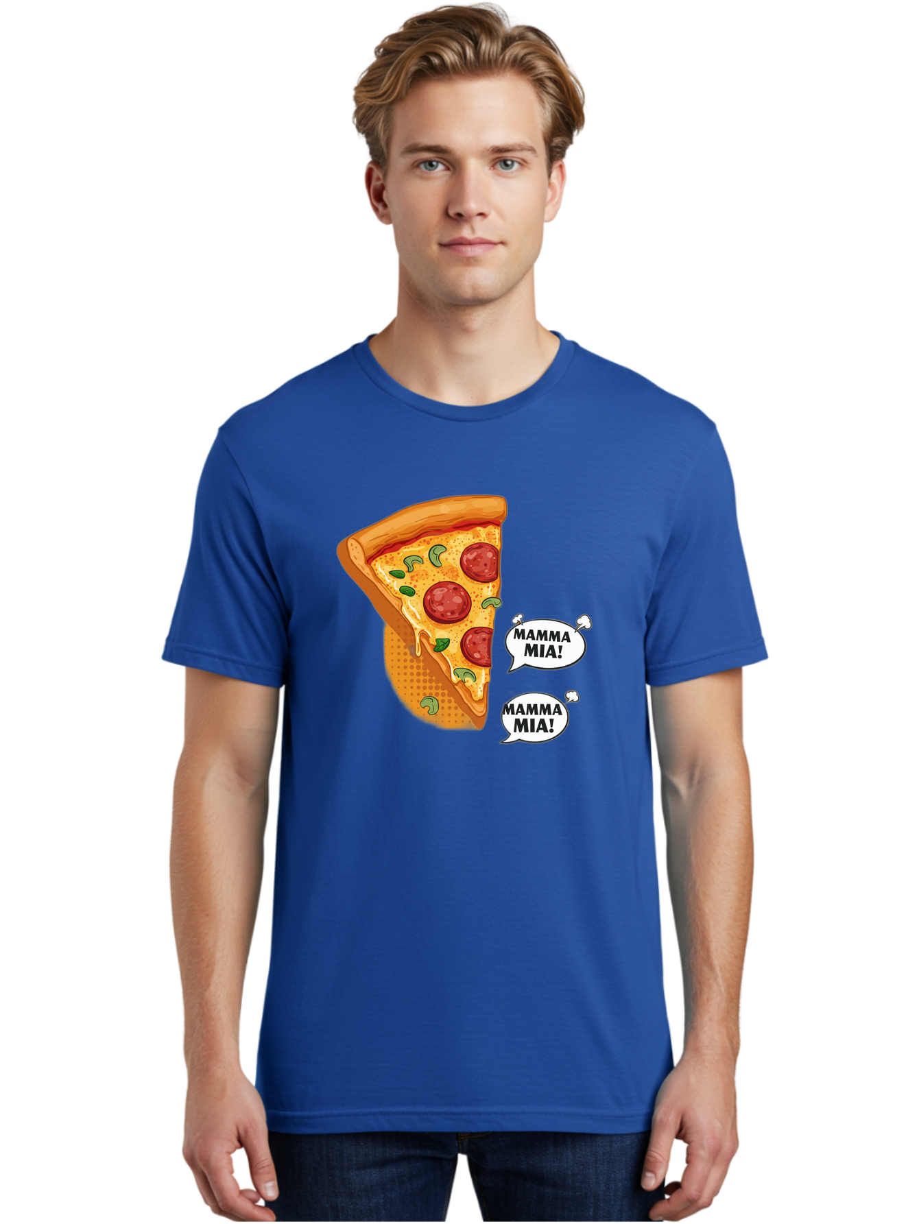 Mamma-Mia-Pizza Men'S Graphic Tee, 100% Cotton, Comfortable Casual Summer Wear, Machine Washable, Pepperoni Pizza Slice, Melted Cheese, Green Basil, Italian Food, Delicious Meal, Mamma Mia, Cartoon Style, Appetizing Dish, Cheesy Goodness, Bac125
