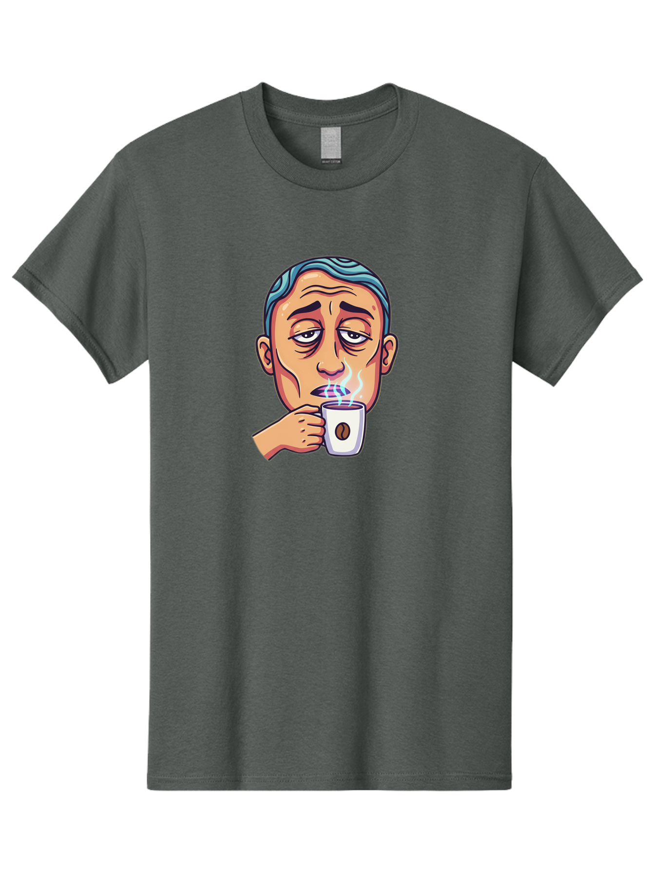 Man-Drinking-Coffee-1 Men'S Graphic Tee, 100% Cotton, Comfortable Casual Summer Wear, Machine Washable, Cartoon Man Drinking Coffee, Steaming Hot Beverage, Morning Pick-Me-Up, Caffeine Fix, Coffee Lover, Humorous Illustration Bac126