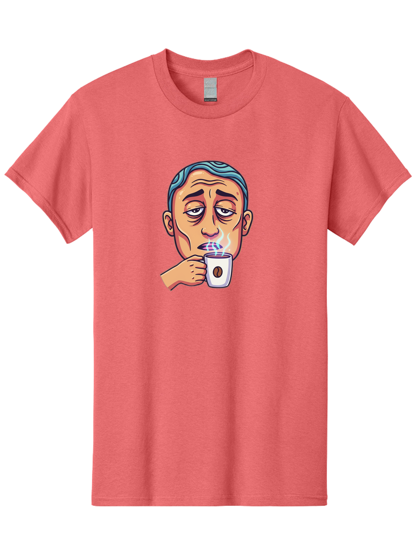 Man-Drinking-Coffee-1 Men'S Graphic Tee, 100% Cotton, Comfortable Casual Summer Wear, Machine Washable, Cartoon Man Drinking Coffee, Steaming Hot Beverage, Morning Pick-Me-Up, Caffeine Fix, Coffee Lover, Humorous Illustration Bac126