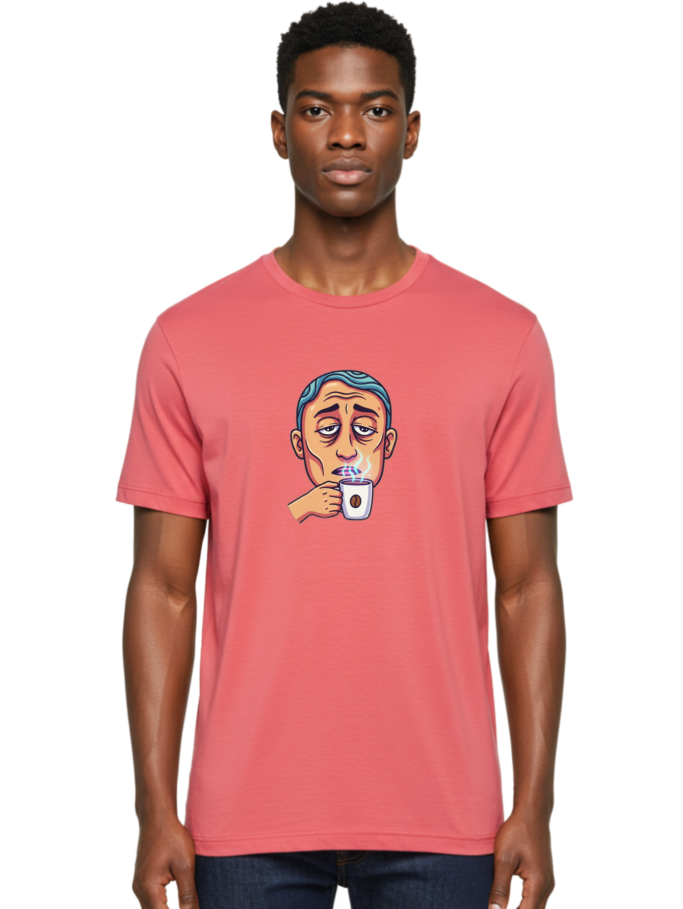 Man-Drinking-Coffee-1 Men'S Graphic Tee, 100% Cotton, Comfortable Casual Summer Wear, Machine Washable, Cartoon Man Drinking Coffee, Steaming Hot Beverage, Morning Pick-Me-Up, Caffeine Fix, Coffee Lover, Humorous Illustration Bac126
