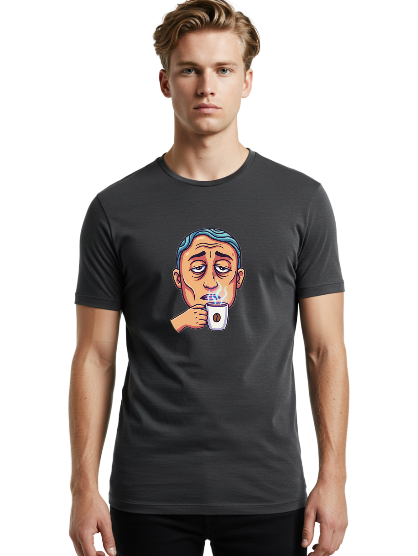 Man-Drinking-Coffee-1 Men'S Graphic Tee, 100% Cotton, Comfortable Casual Summer Wear, Machine Washable, Cartoon Man Drinking Coffee, Steaming Hot Beverage, Morning Pick-Me-Up, Caffeine Fix, Coffee Lover, Humorous Illustration Bac126