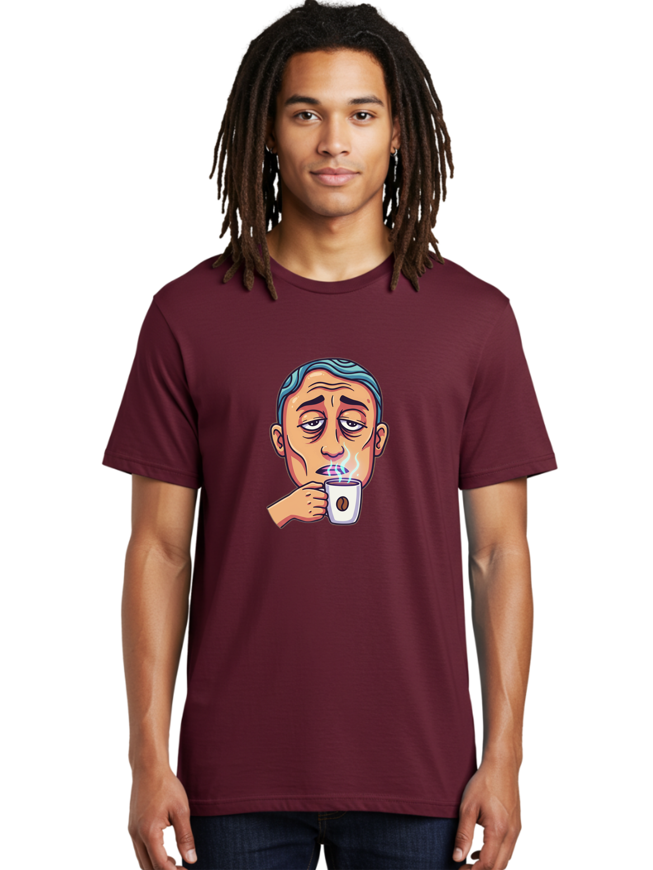 Man-Drinking-Coffee-1 Men'S Graphic Tee, 100% Cotton, Comfortable Casual Summer Wear, Machine Washable, Cartoon Man Drinking Coffee, Steaming Hot Beverage, Morning Pick-Me-Up, Caffeine Fix, Coffee Lover, Humorous Illustration Bac126