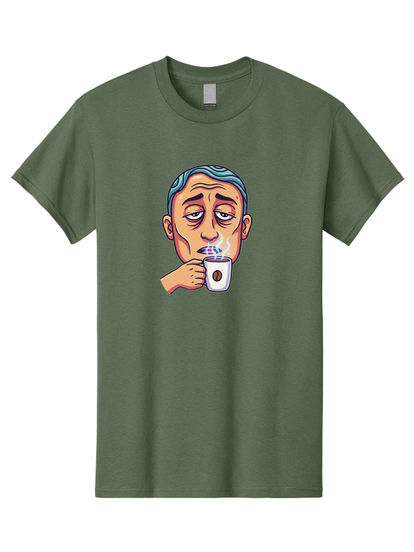 Man-Drinking-Coffee-1 Men'S Graphic Tee, 100% Cotton, Comfortable Casual Summer Wear, Machine Washable, Cartoon Man Drinking Coffee, Steaming Hot Beverage, Morning Pick-Me-Up, Caffeine Fix, Coffee Lover, Humorous Illustration Bac126