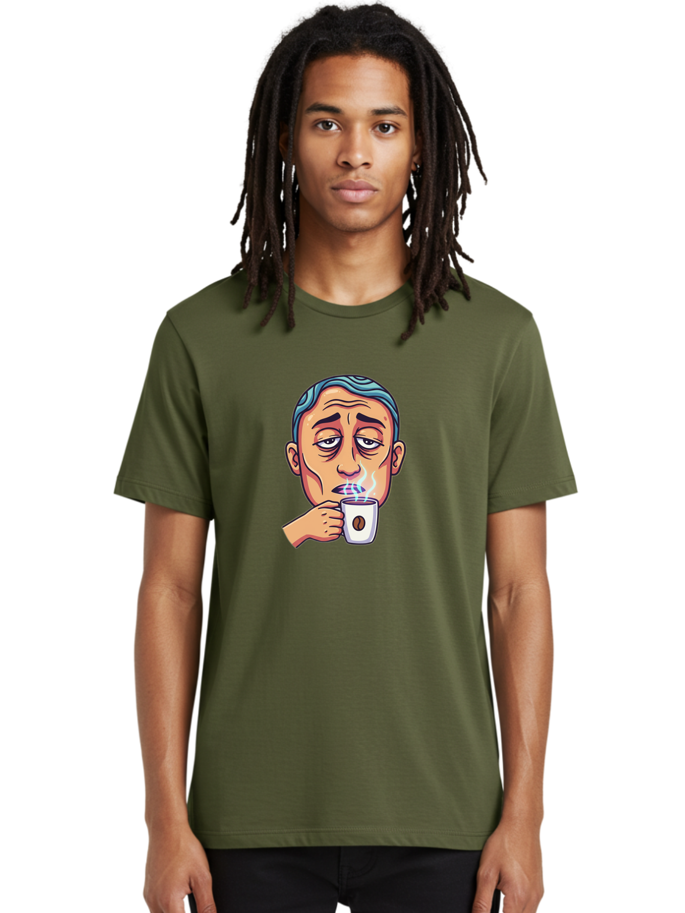 Man-Drinking-Coffee-1 Men'S Graphic Tee, 100% Cotton, Comfortable Casual Summer Wear, Machine Washable, Cartoon Man Drinking Coffee, Steaming Hot Beverage, Morning Pick-Me-Up, Caffeine Fix, Coffee Lover, Humorous Illustration Bac126