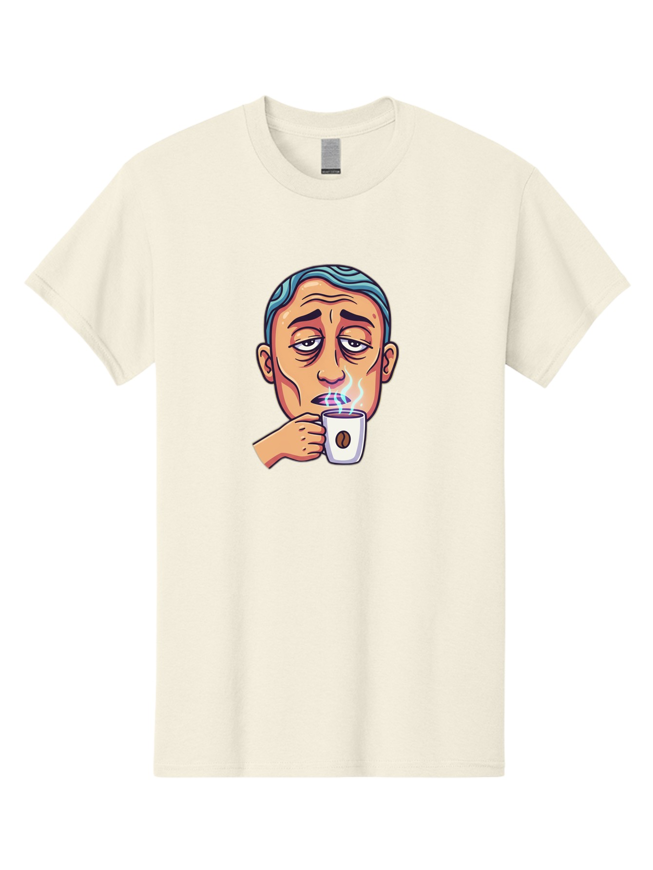 Man-Drinking-Coffee-1 Men'S Graphic Tee, 100% Cotton, Comfortable Casual Summer Wear, Machine Washable, Cartoon Man Drinking Coffee, Steaming Hot Beverage, Morning Pick-Me-Up, Caffeine Fix, Coffee Lover, Humorous Illustration Bac126
