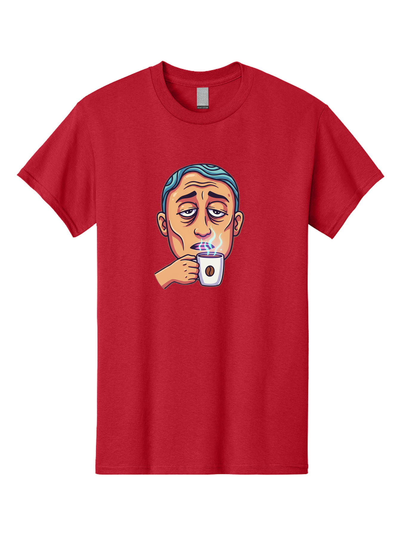 Man-Drinking-Coffee-1 Men'S Graphic Tee, 100% Cotton, Comfortable Casual Summer Wear, Machine Washable, Cartoon Man Drinking Coffee, Steaming Hot Beverage, Morning Pick-Me-Up, Caffeine Fix, Coffee Lover, Humorous Illustration Bac126