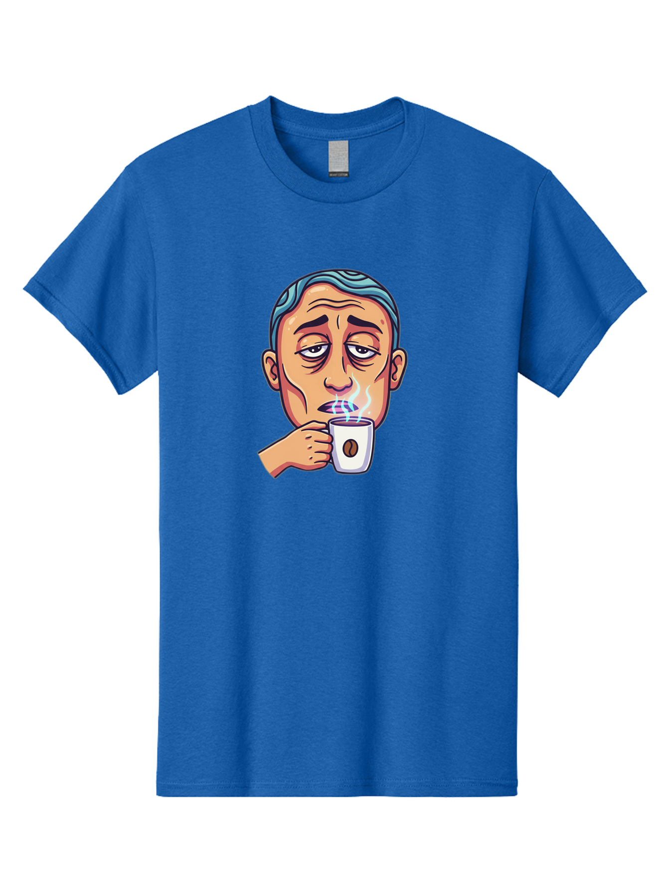 Man-Drinking-Coffee-1 Men'S Graphic Tee, 100% Cotton, Comfortable Casual Summer Wear, Machine Washable, Cartoon Man Drinking Coffee, Steaming Hot Beverage, Morning Pick-Me-Up, Caffeine Fix, Coffee Lover, Humorous Illustration Bac126