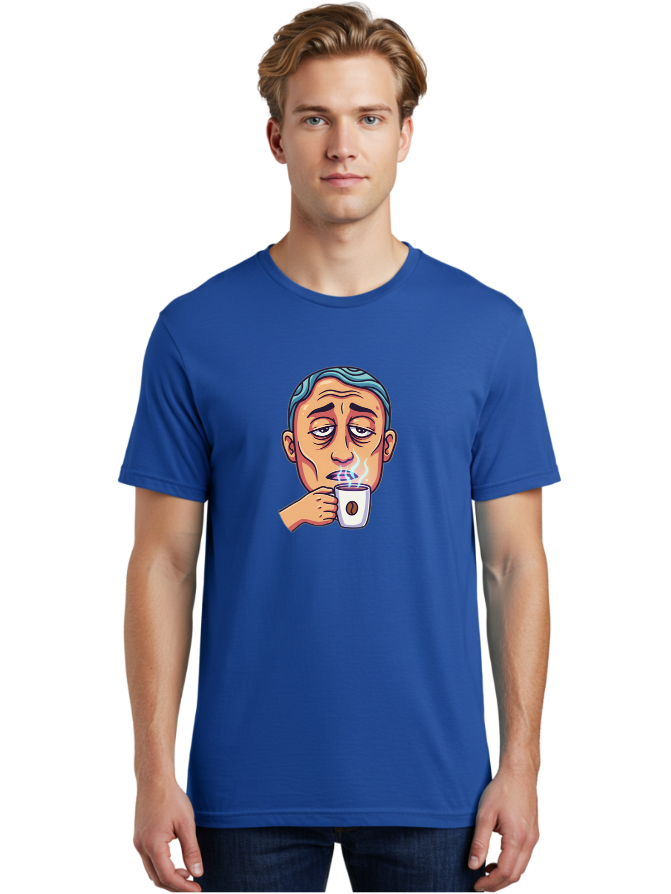 Man-Drinking-Coffee-1 Men'S Graphic Tee, 100% Cotton, Comfortable Casual Summer Wear, Machine Washable, Cartoon Man Drinking Coffee, Steaming Hot Beverage, Morning Pick-Me-Up, Caffeine Fix, Coffee Lover, Humorous Illustration Bac126