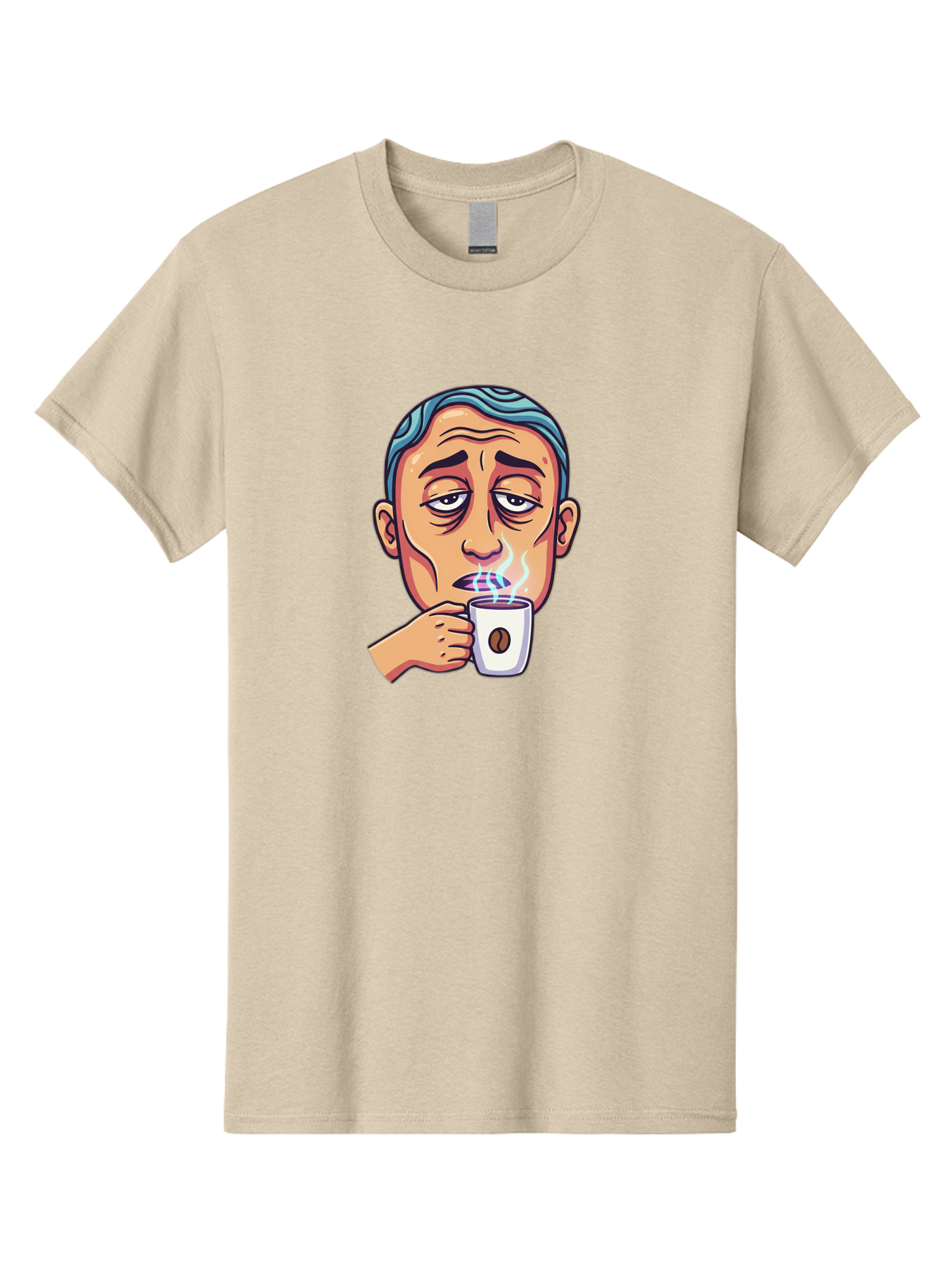 Man-Drinking-Coffee-1 Men'S Graphic Tee, 100% Cotton, Comfortable Casual Summer Wear, Machine Washable, Cartoon Man Drinking Coffee, Steaming Hot Beverage, Morning Pick-Me-Up, Caffeine Fix, Coffee Lover, Humorous Illustration Bac126