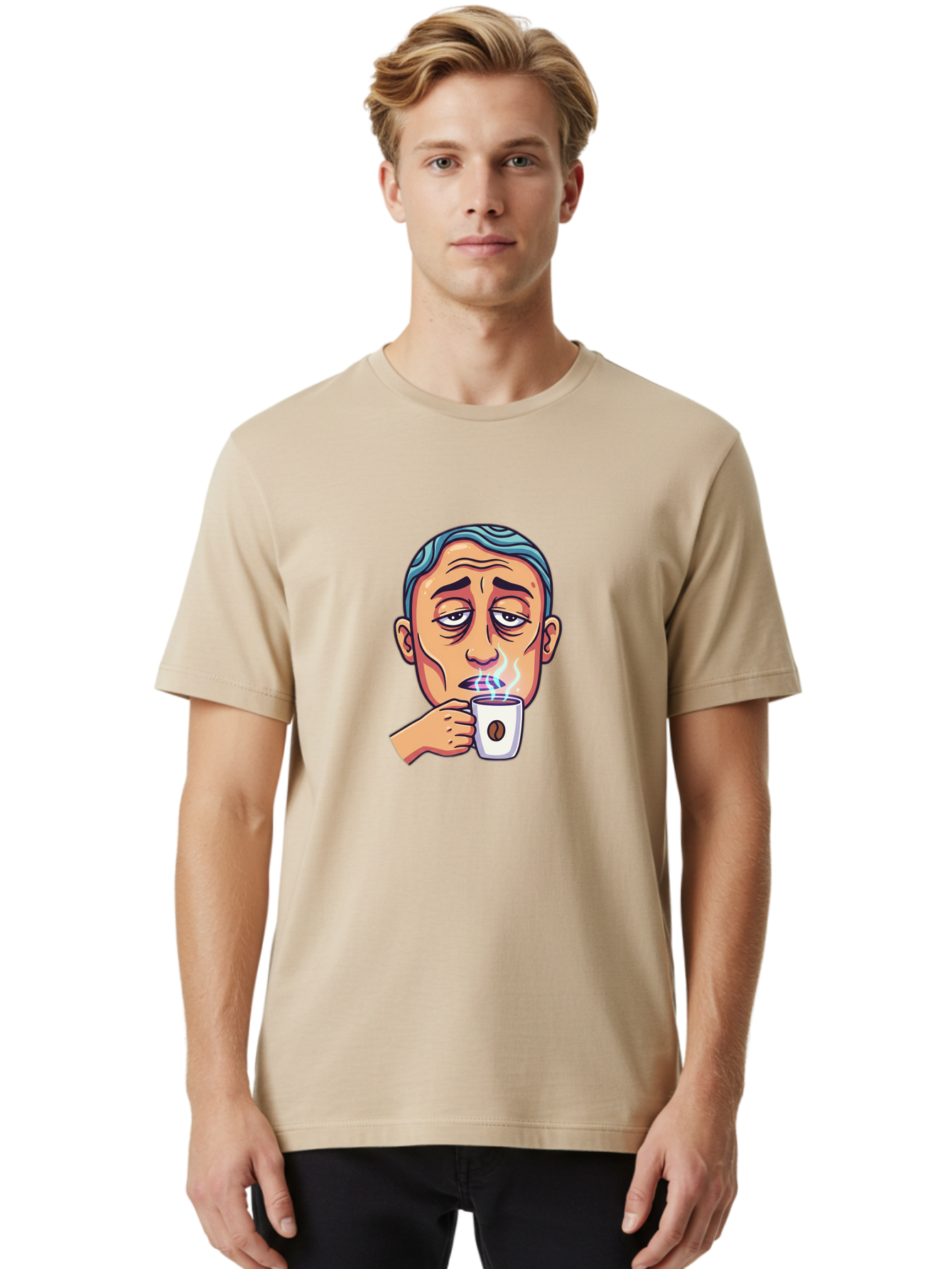 Man-Drinking-Coffee-1 Men'S Graphic Tee, 100% Cotton, Comfortable Casual Summer Wear, Machine Washable, Cartoon Man Drinking Coffee, Steaming Hot Beverage, Morning Pick-Me-Up, Caffeine Fix, Coffee Lover, Humorous Illustration Bac126