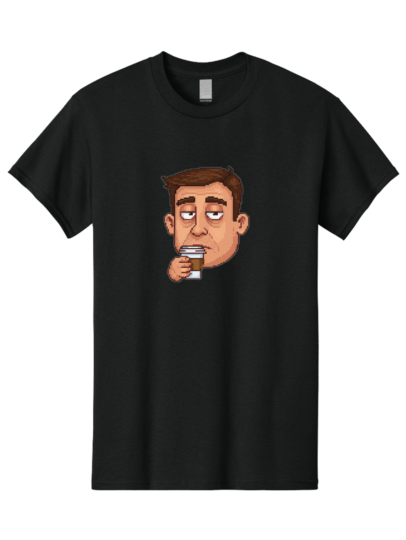 Man-Drinking-Coffee Men'S Graphic Tee, 100% Cotton, Comfortable Casual Summer Wear, Machine Washable, Cartoon Man, Pixel Art, Coffee Cup, Morning Routine, Daily Grind, Coffee Lover, Relaxed Atmosphere, Pixelated Character Bac127