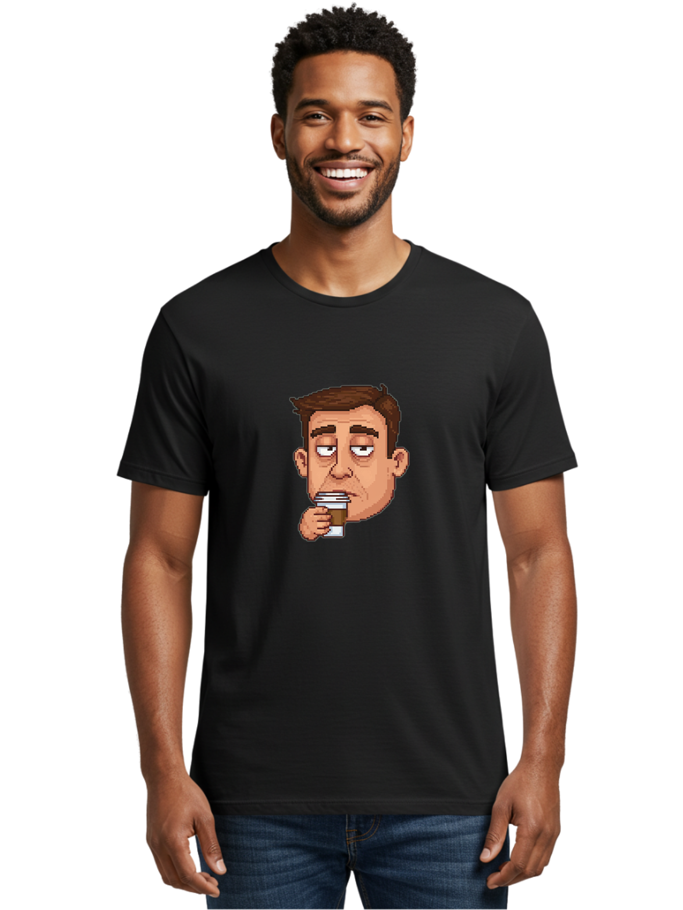 Man-Drinking-Coffee Men'S Graphic Tee, 100% Cotton, Comfortable Casual Summer Wear, Machine Washable, Cartoon Man, Pixel Art, Coffee Cup, Morning Routine, Daily Grind, Coffee Lover, Relaxed Atmosphere, Pixelated Character Bac127