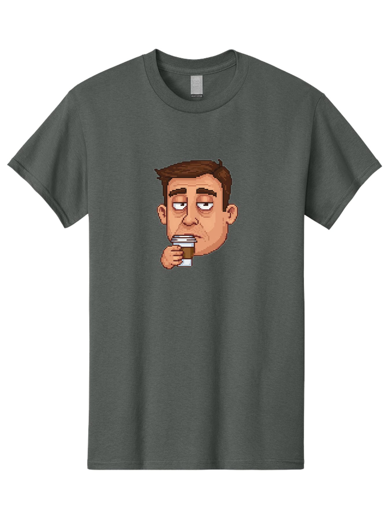 Man-Drinking-Coffee Men'S Graphic Tee, 100% Cotton, Comfortable Casual Summer Wear, Machine Washable, Cartoon Man, Pixel Art, Coffee Cup, Morning Routine, Daily Grind, Coffee Lover, Relaxed Atmosphere, Pixelated Character Bac127