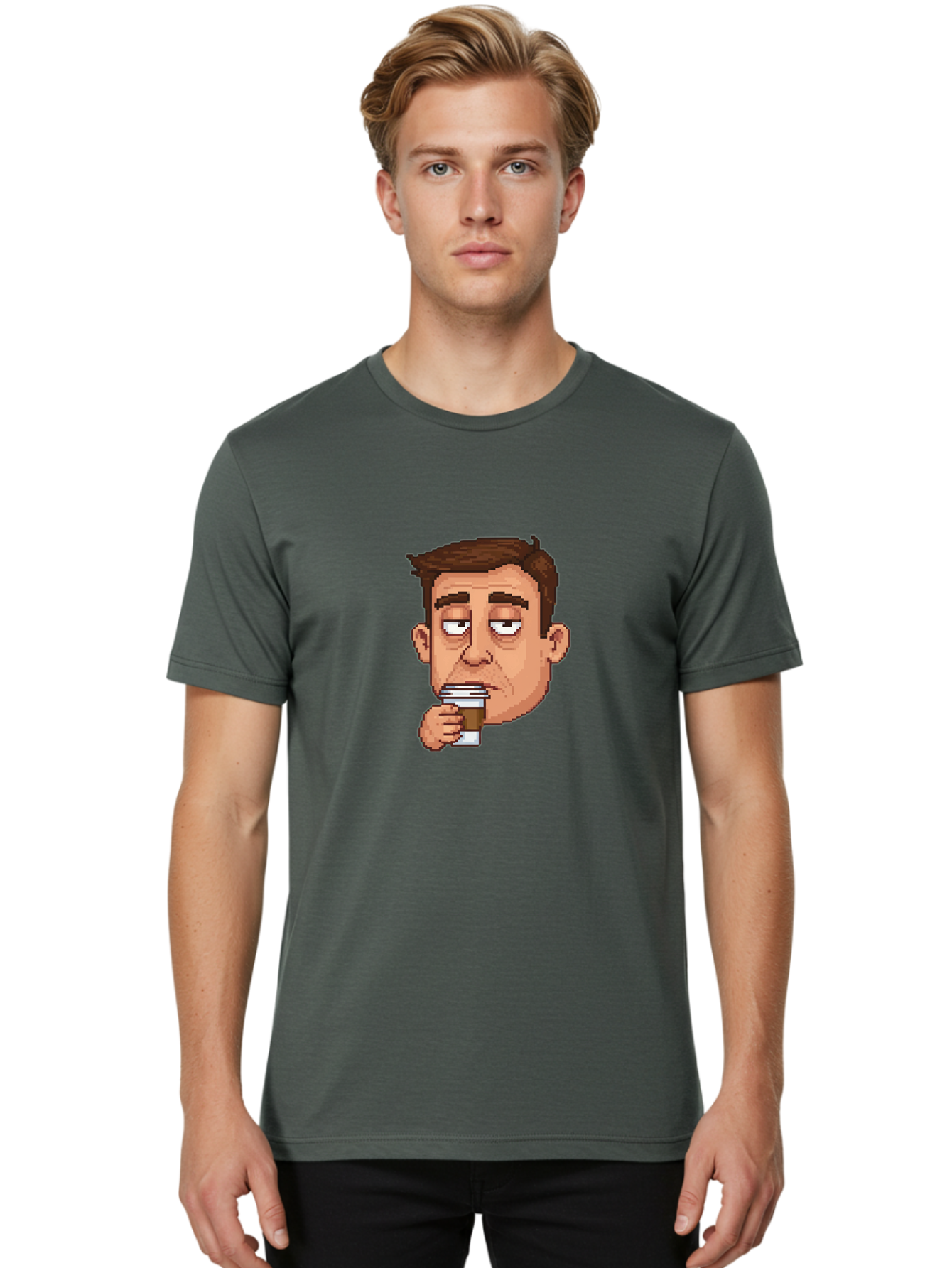 Man-Drinking-Coffee Men'S Graphic Tee, 100% Cotton, Comfortable Casual Summer Wear, Machine Washable, Cartoon Man, Pixel Art, Coffee Cup, Morning Routine, Daily Grind, Coffee Lover, Relaxed Atmosphere, Pixelated Character Bac127