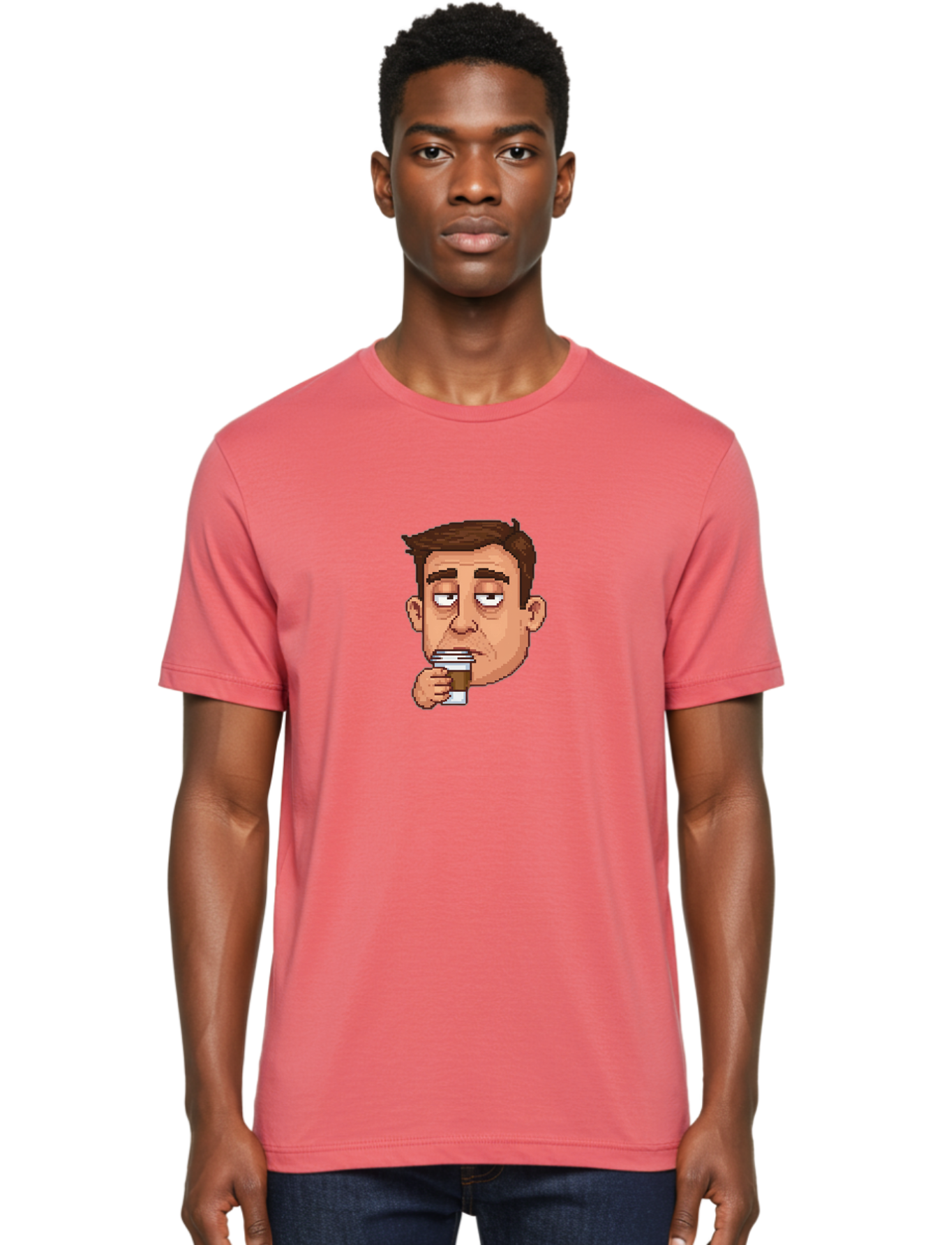 Man-Drinking-Coffee Men'S Graphic Tee, 100% Cotton, Comfortable Casual Summer Wear, Machine Washable, Cartoon Man, Pixel Art, Coffee Cup, Morning Routine, Daily Grind, Coffee Lover, Relaxed Atmosphere, Pixelated Character Bac127