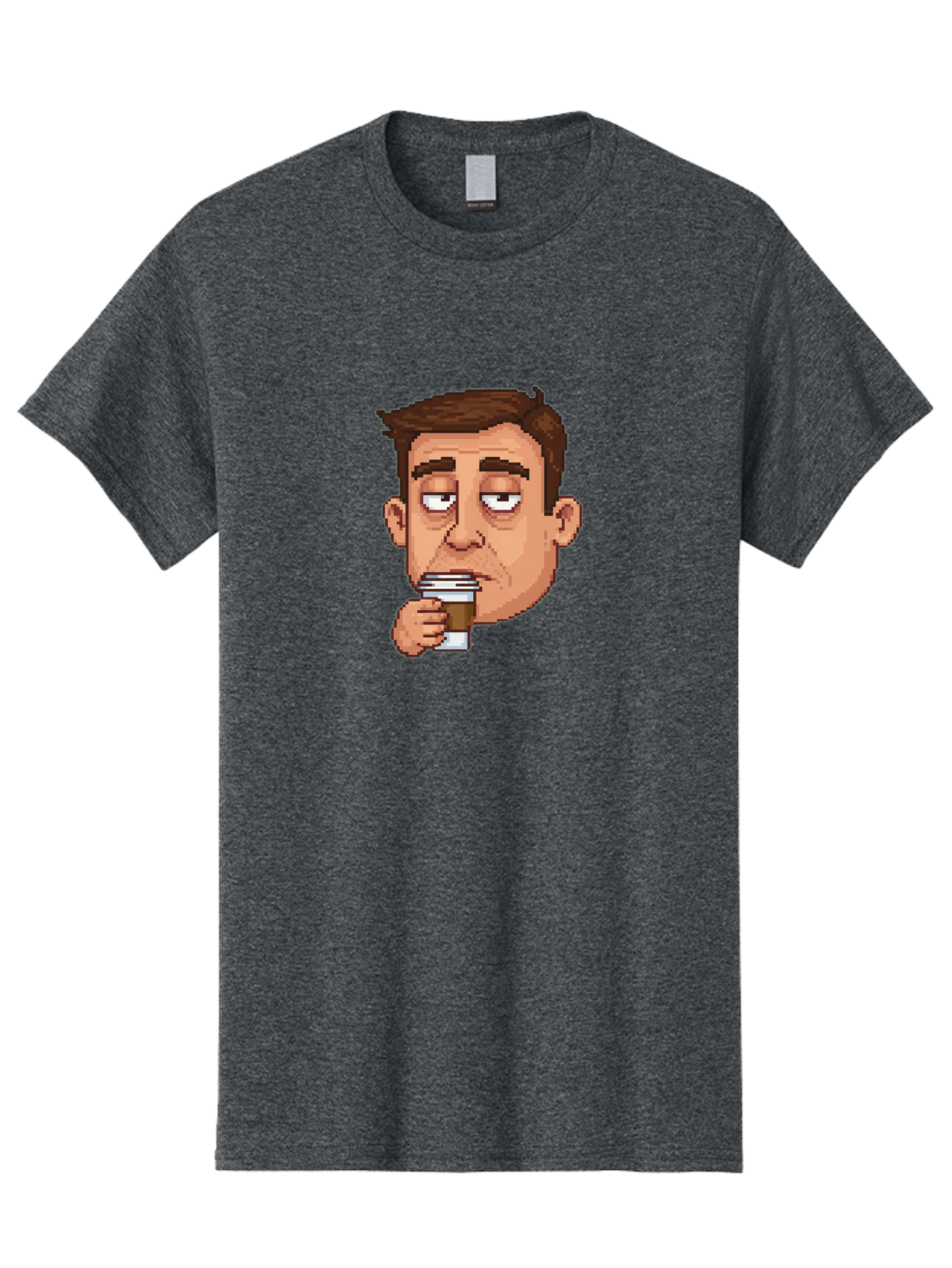 Man-Drinking-Coffee Men'S Graphic Tee, 100% Cotton, Comfortable Casual Summer Wear, Machine Washable, Cartoon Man, Pixel Art, Coffee Cup, Morning Routine, Daily Grind, Coffee Lover, Relaxed Atmosphere, Pixelated Character Bac127