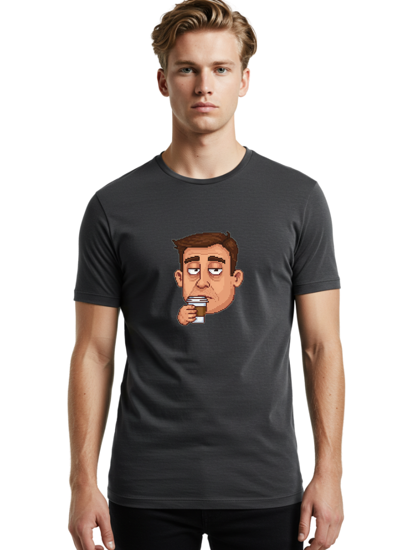 Man-Drinking-Coffee Men'S Graphic Tee, 100% Cotton, Comfortable Casual Summer Wear, Machine Washable, Cartoon Man, Pixel Art, Coffee Cup, Morning Routine, Daily Grind, Coffee Lover, Relaxed Atmosphere, Pixelated Character Bac127