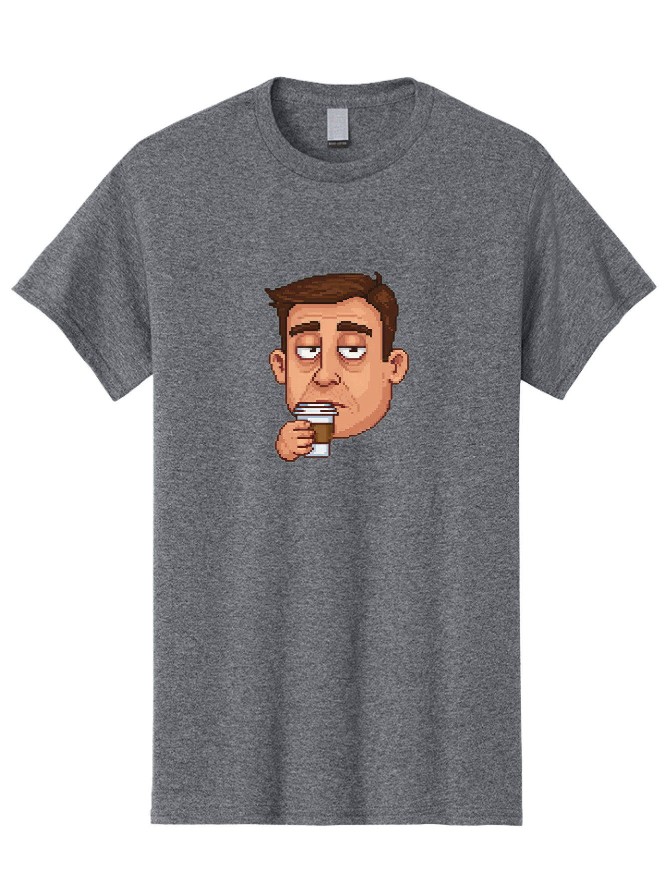 Man-Drinking-Coffee Men'S Graphic Tee, 100% Cotton, Comfortable Casual Summer Wear, Machine Washable, Cartoon Man, Pixel Art, Coffee Cup, Morning Routine, Daily Grind, Coffee Lover, Relaxed Atmosphere, Pixelated Character Bac127
