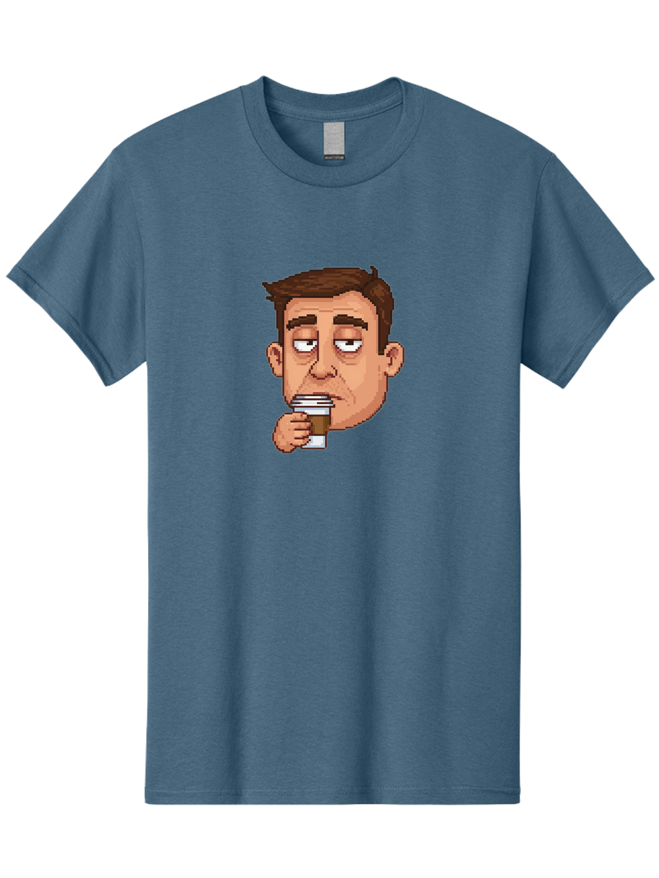 Man-Drinking-Coffee Men'S Graphic Tee, 100% Cotton, Comfortable Casual Summer Wear, Machine Washable, Cartoon Man, Pixel Art, Coffee Cup, Morning Routine, Daily Grind, Coffee Lover, Relaxed Atmosphere, Pixelated Character Bac127