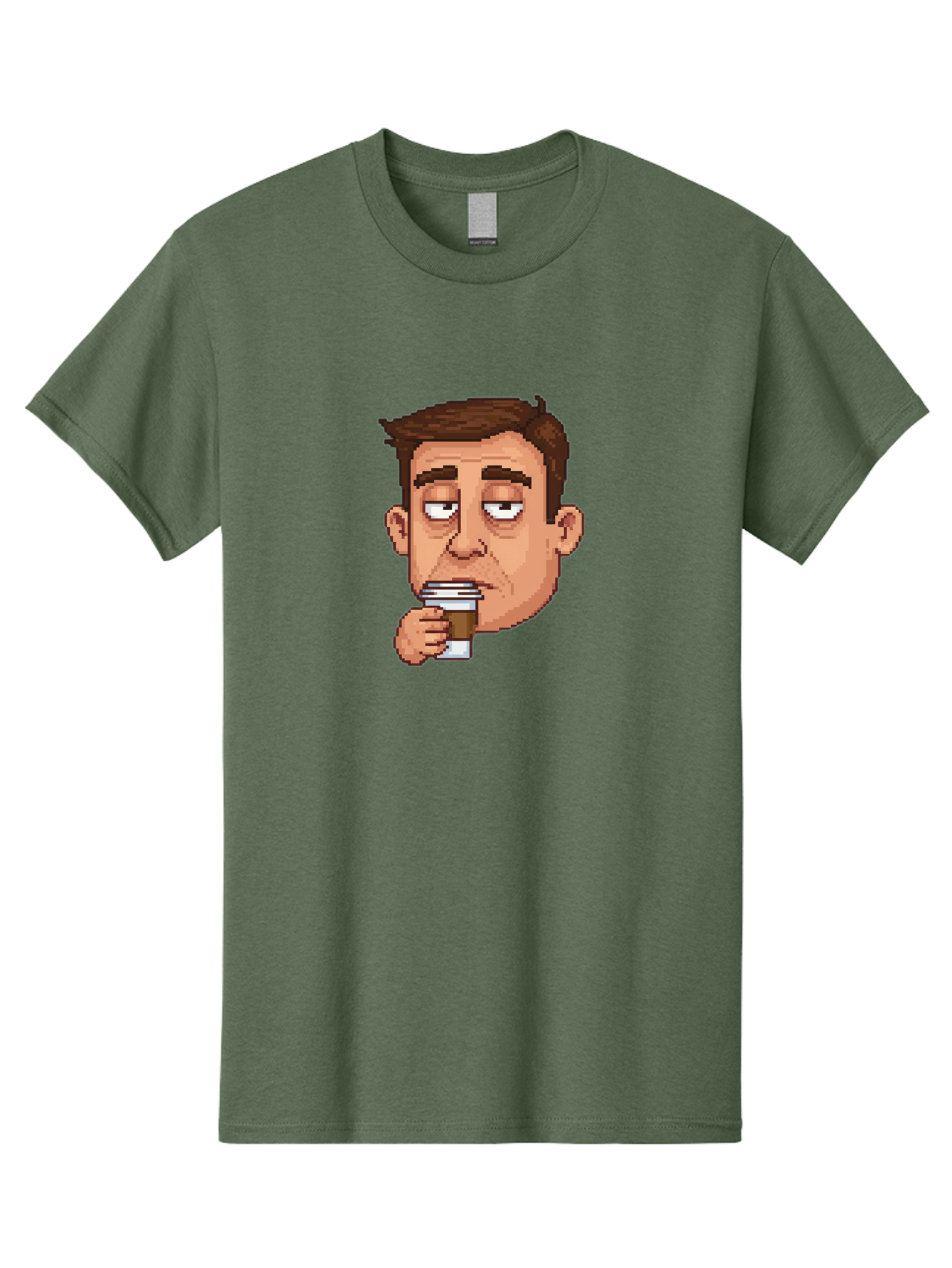 Man-Drinking-Coffee Men'S Graphic Tee, 100% Cotton, Comfortable Casual Summer Wear, Machine Washable, Cartoon Man, Pixel Art, Coffee Cup, Morning Routine, Daily Grind, Coffee Lover, Relaxed Atmosphere, Pixelated Character Bac127