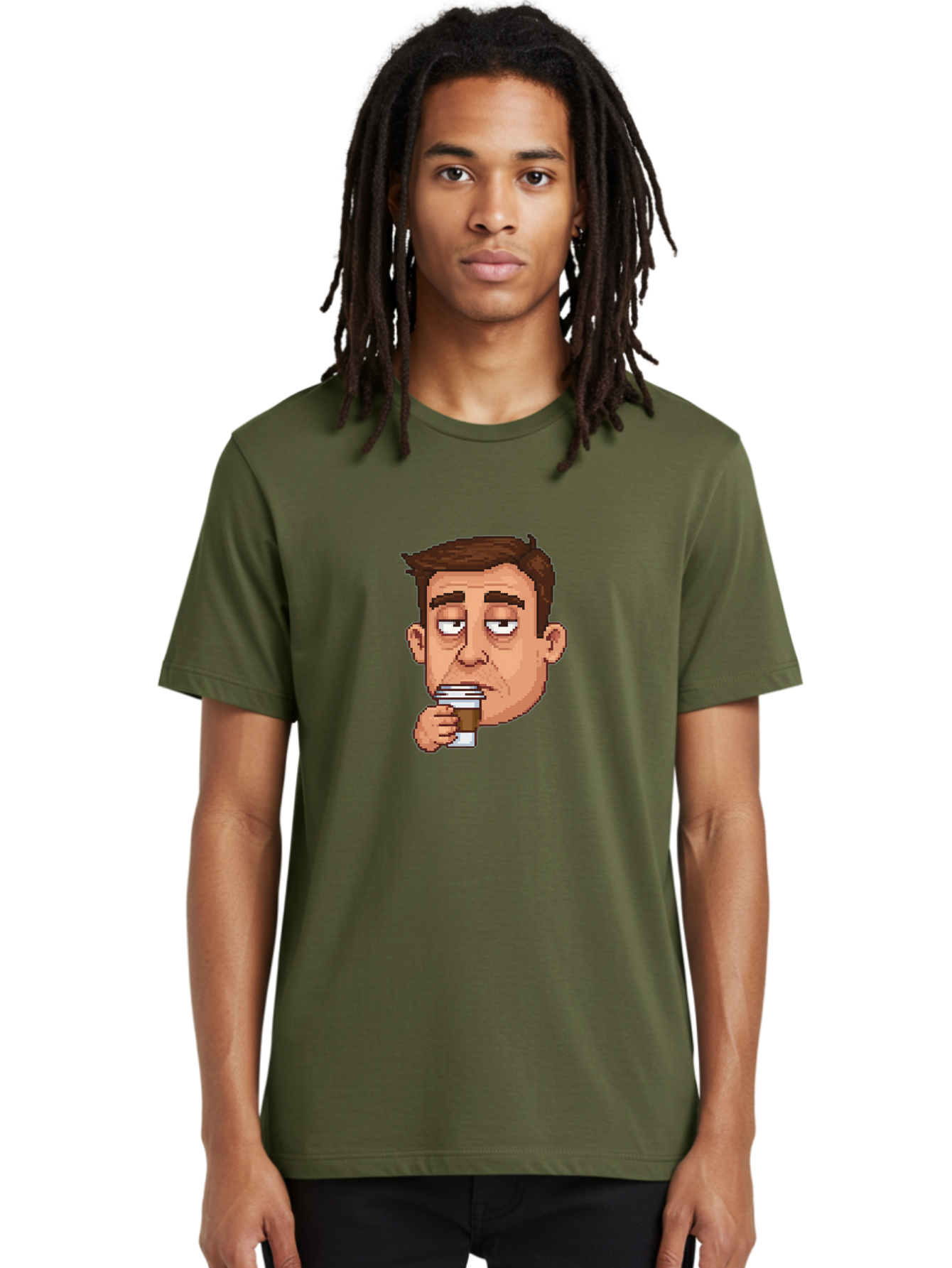 Man-Drinking-Coffee Men'S Graphic Tee, 100% Cotton, Comfortable Casual Summer Wear, Machine Washable, Cartoon Man, Pixel Art, Coffee Cup, Morning Routine, Daily Grind, Coffee Lover, Relaxed Atmosphere, Pixelated Character Bac127