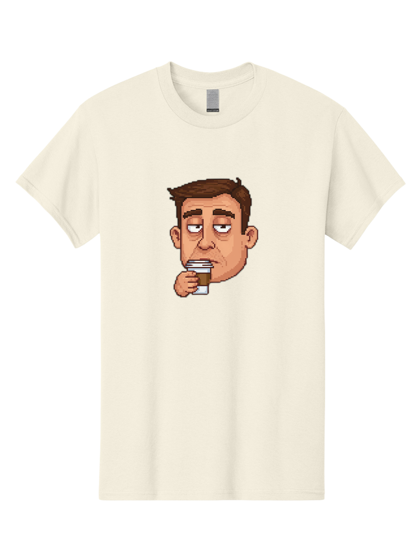 Man-Drinking-Coffee Men'S Graphic Tee, 100% Cotton, Comfortable Casual Summer Wear, Machine Washable, Cartoon Man, Pixel Art, Coffee Cup, Morning Routine, Daily Grind, Coffee Lover, Relaxed Atmosphere, Pixelated Character Bac127