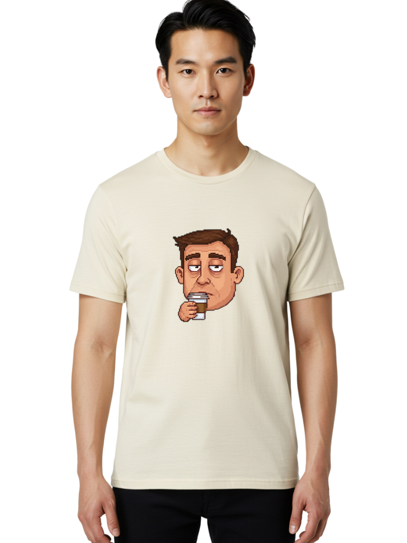 Man-Drinking-Coffee Men'S Graphic Tee, 100% Cotton, Comfortable Casual Summer Wear, Machine Washable, Cartoon Man, Pixel Art, Coffee Cup, Morning Routine, Daily Grind, Coffee Lover, Relaxed Atmosphere, Pixelated Character Bac127