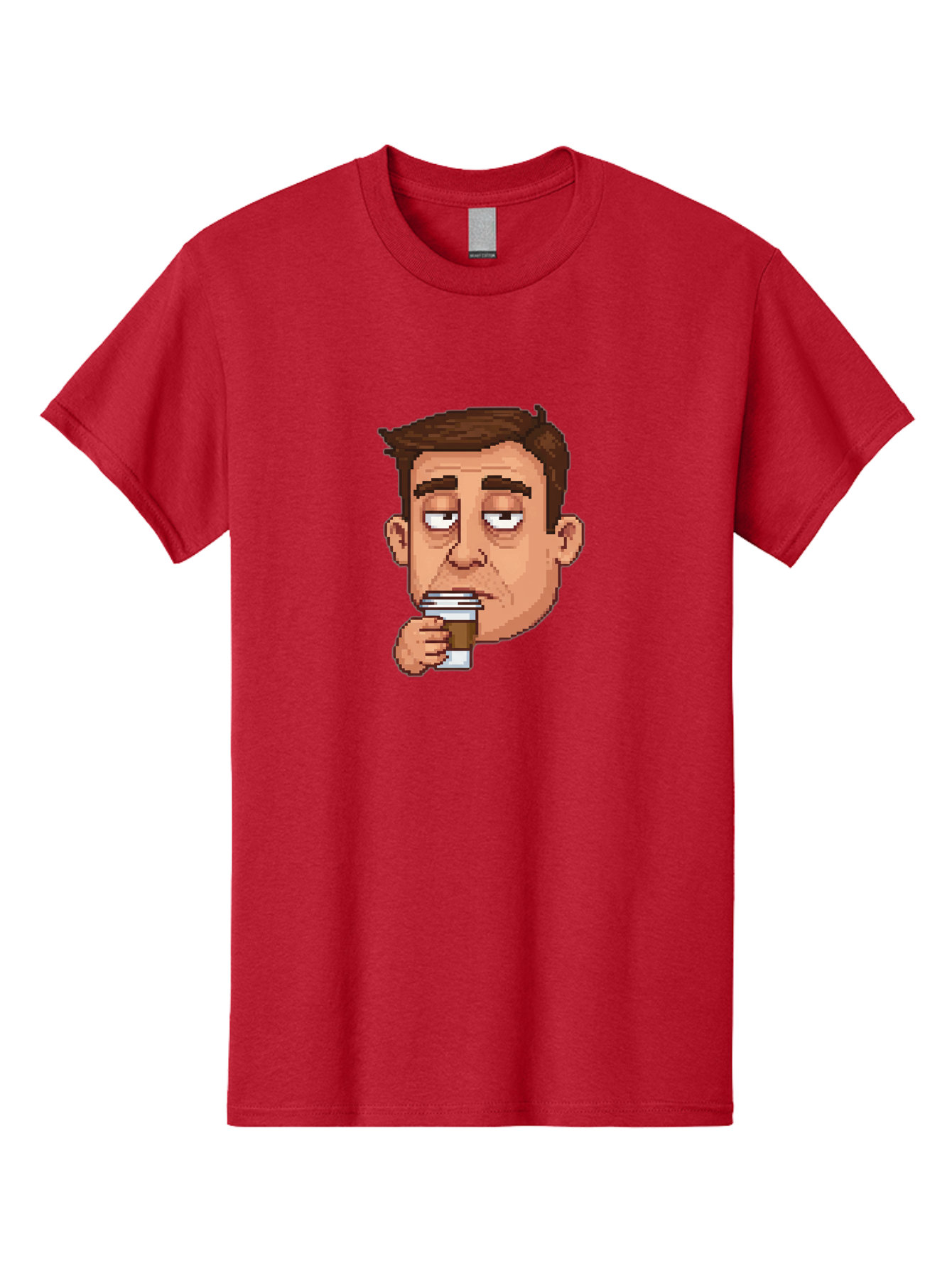 Man-Drinking-Coffee Men'S Graphic Tee, 100% Cotton, Comfortable Casual Summer Wear, Machine Washable, Cartoon Man, Pixel Art, Coffee Cup, Morning Routine, Daily Grind, Coffee Lover, Relaxed Atmosphere, Pixelated Character Bac127