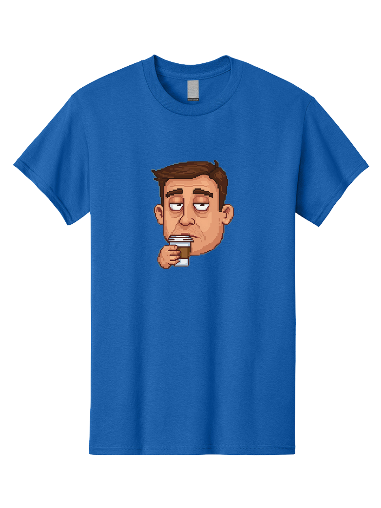 Man-Drinking-Coffee Men'S Graphic Tee, 100% Cotton, Comfortable Casual Summer Wear, Machine Washable, Cartoon Man, Pixel Art, Coffee Cup, Morning Routine, Daily Grind, Coffee Lover, Relaxed Atmosphere, Pixelated Character Bac127