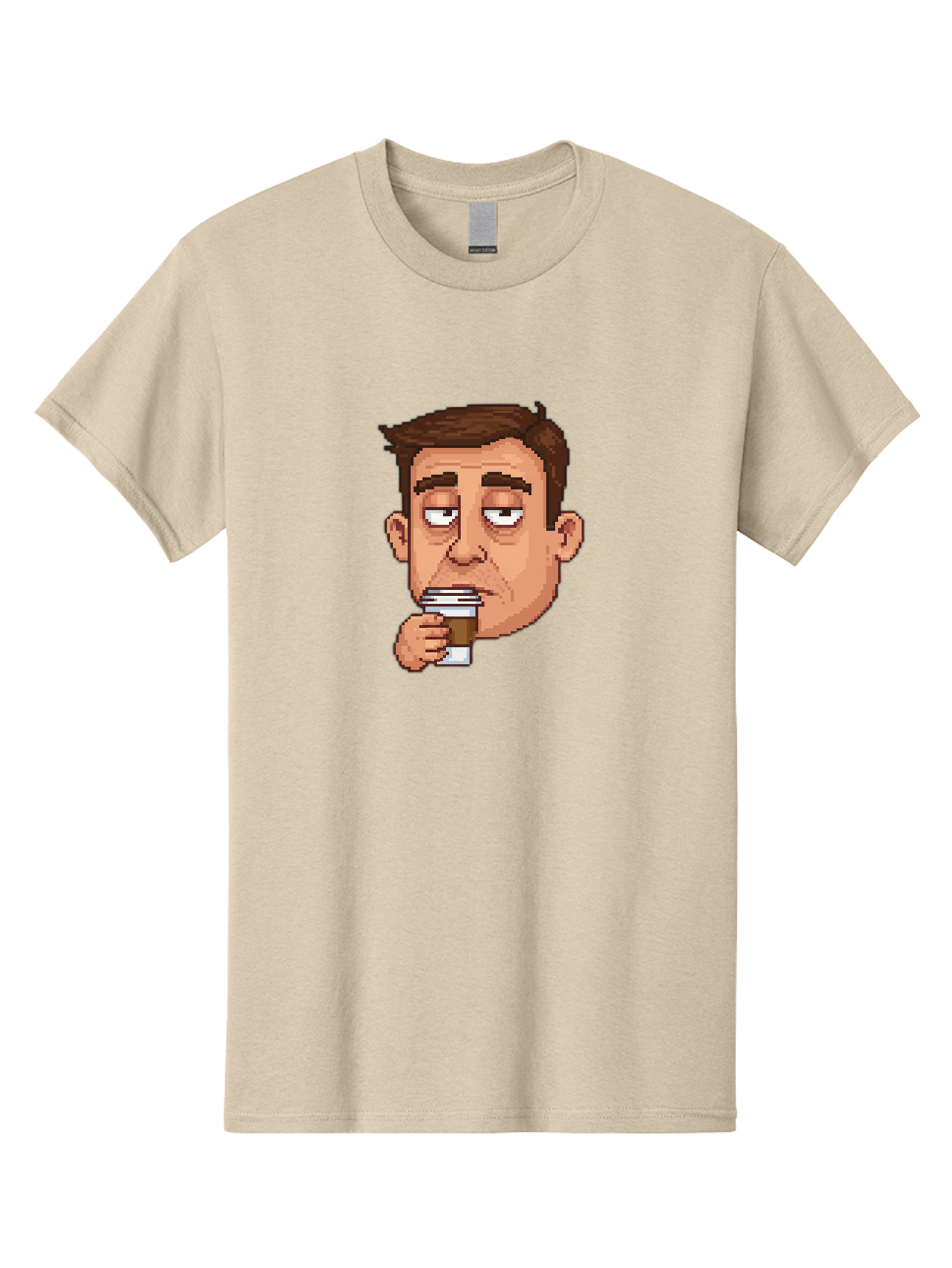Man-Drinking-Coffee Men'S Graphic Tee, 100% Cotton, Comfortable Casual Summer Wear, Machine Washable, Cartoon Man, Pixel Art, Coffee Cup, Morning Routine, Daily Grind, Coffee Lover, Relaxed Atmosphere, Pixelated Character Bac127