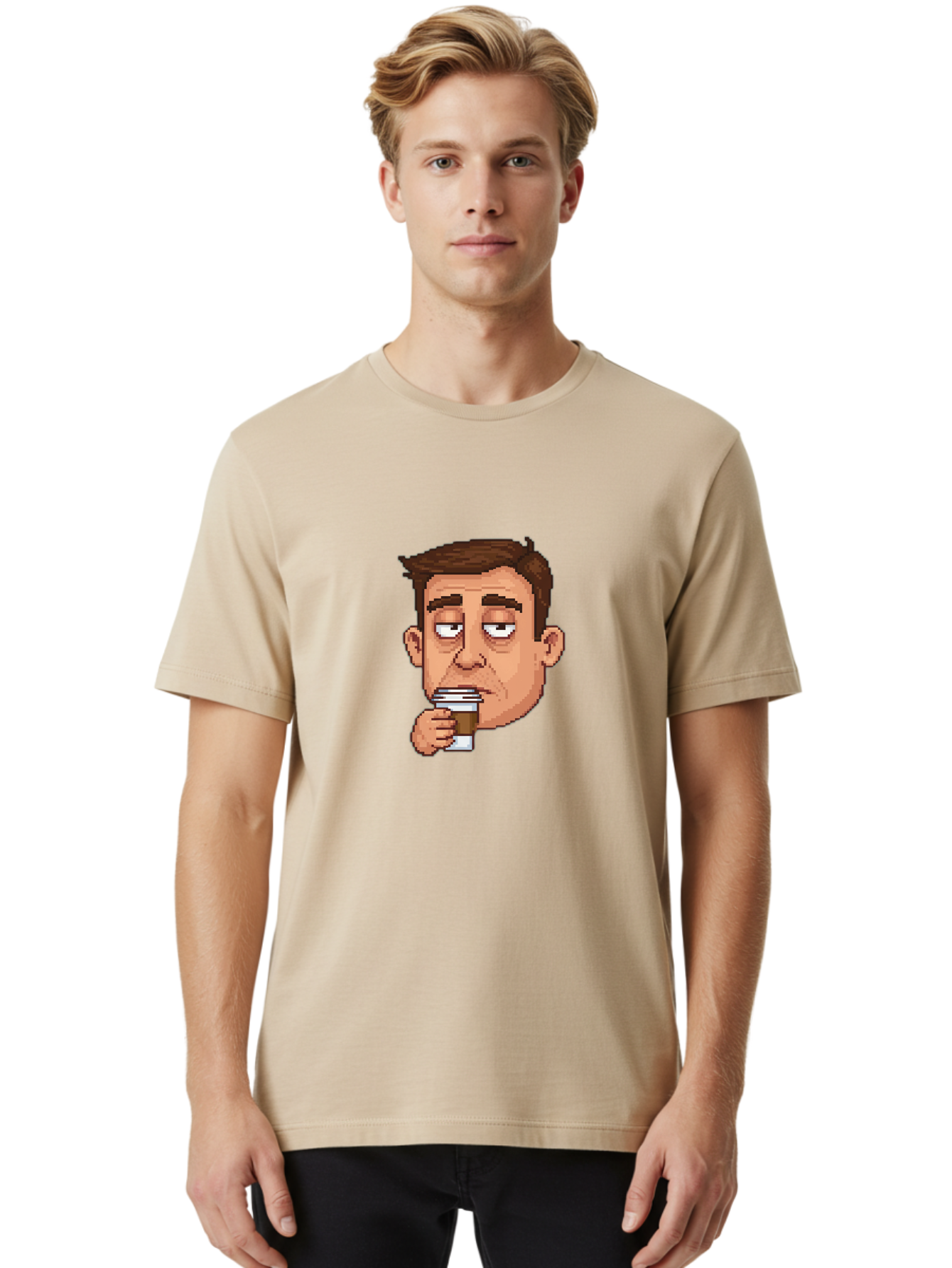 Man-Drinking-Coffee Men'S Graphic Tee, 100% Cotton, Comfortable Casual Summer Wear, Machine Washable, Cartoon Man, Pixel Art, Coffee Cup, Morning Routine, Daily Grind, Coffee Lover, Relaxed Atmosphere, Pixelated Character Bac127