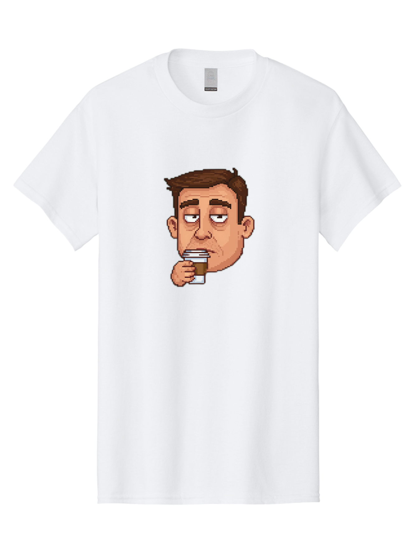 Man-Drinking-Coffee Men'S Graphic Tee, 100% Cotton, Comfortable Casual Summer Wear, Machine Washable, Cartoon Man, Pixel Art, Coffee Cup, Morning Routine, Daily Grind, Coffee Lover, Relaxed Atmosphere, Pixelated Character Bac127