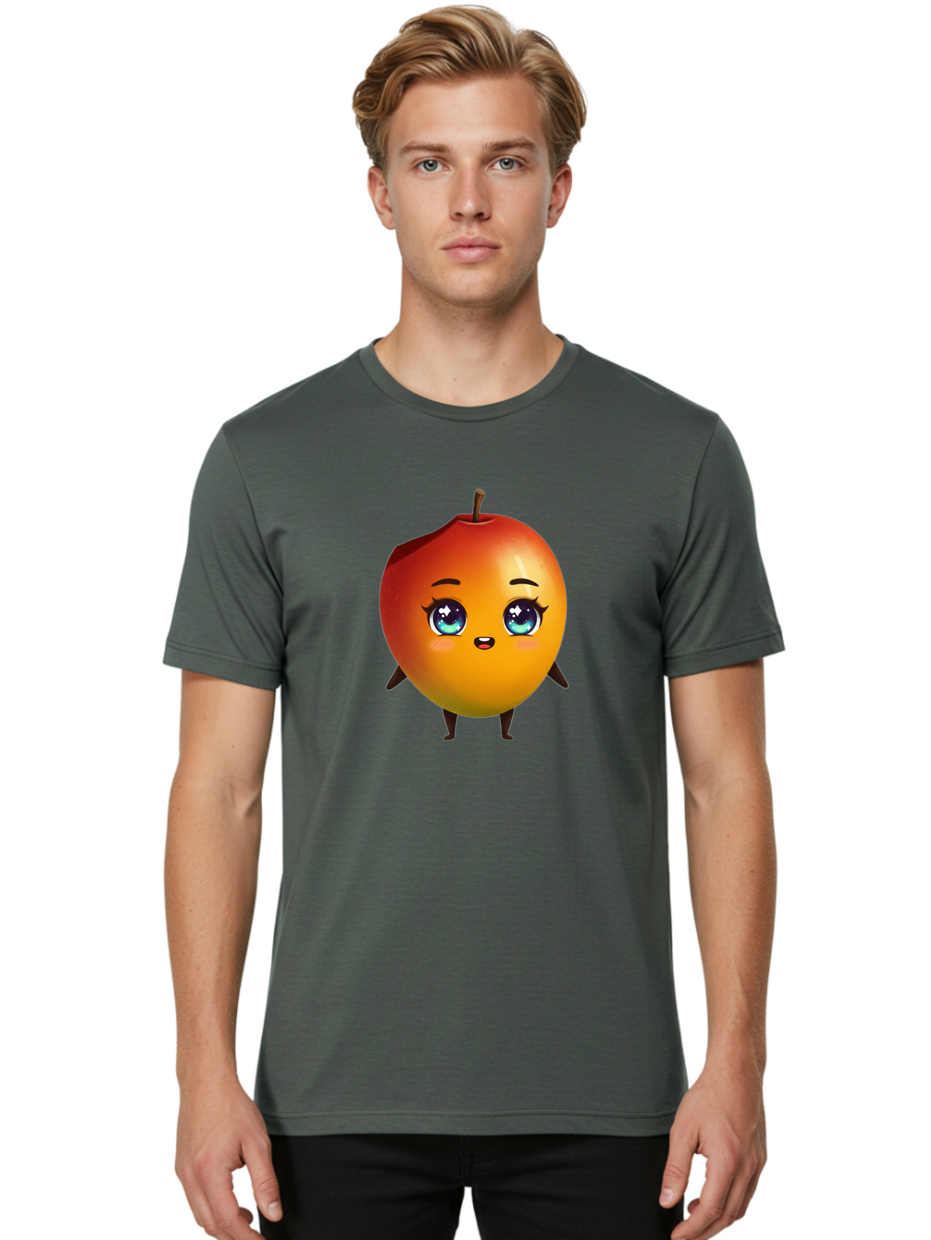 Mango-1 Men'S Graphic Tee, 100% Cotton, Comfortable Casual Summer Wear, Machine Washable, Cartoon Apple, Kawaii Fruit, Adorable Character, Big Eyes, Sweet Expression, Playful Design, Vibrant Colors, Fun Illustration, Kawaii Art Bac128