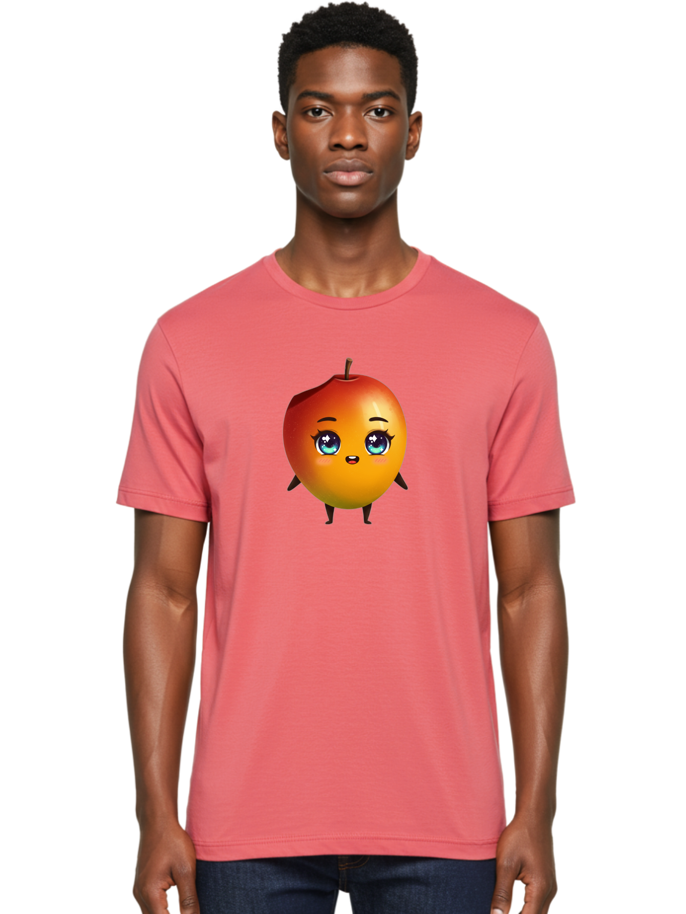 Mango-1 Men'S Graphic Tee, 100% Cotton, Comfortable Casual Summer Wear, Machine Washable, Cartoon Apple, Kawaii Fruit, Adorable Character, Big Eyes, Sweet Expression, Playful Design, Vibrant Colors, Fun Illustration, Kawaii Art Bac128