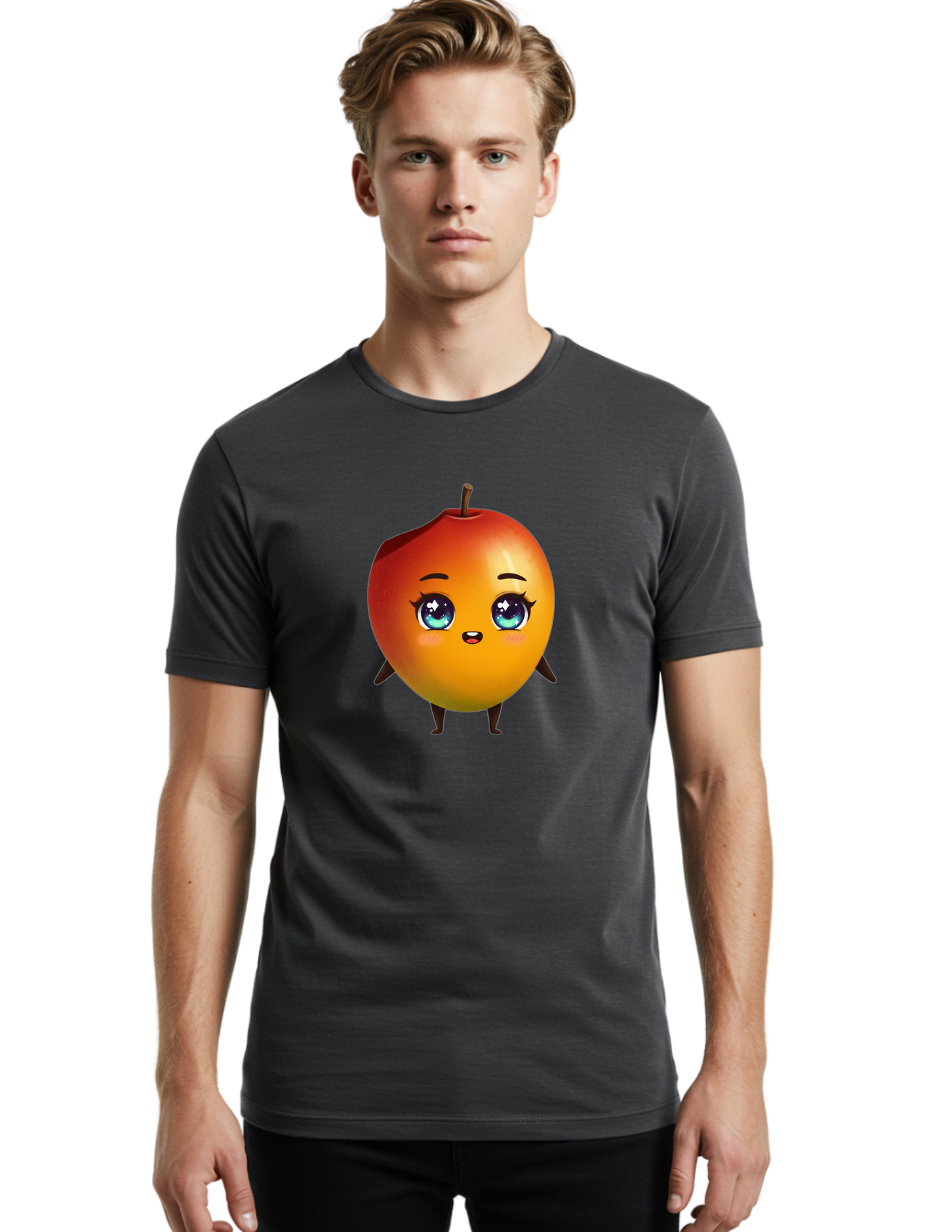 Mango-1 Men'S Graphic Tee, 100% Cotton, Comfortable Casual Summer Wear, Machine Washable, Cartoon Apple, Kawaii Fruit, Adorable Character, Big Eyes, Sweet Expression, Playful Design, Vibrant Colors, Fun Illustration, Kawaii Art Bac128