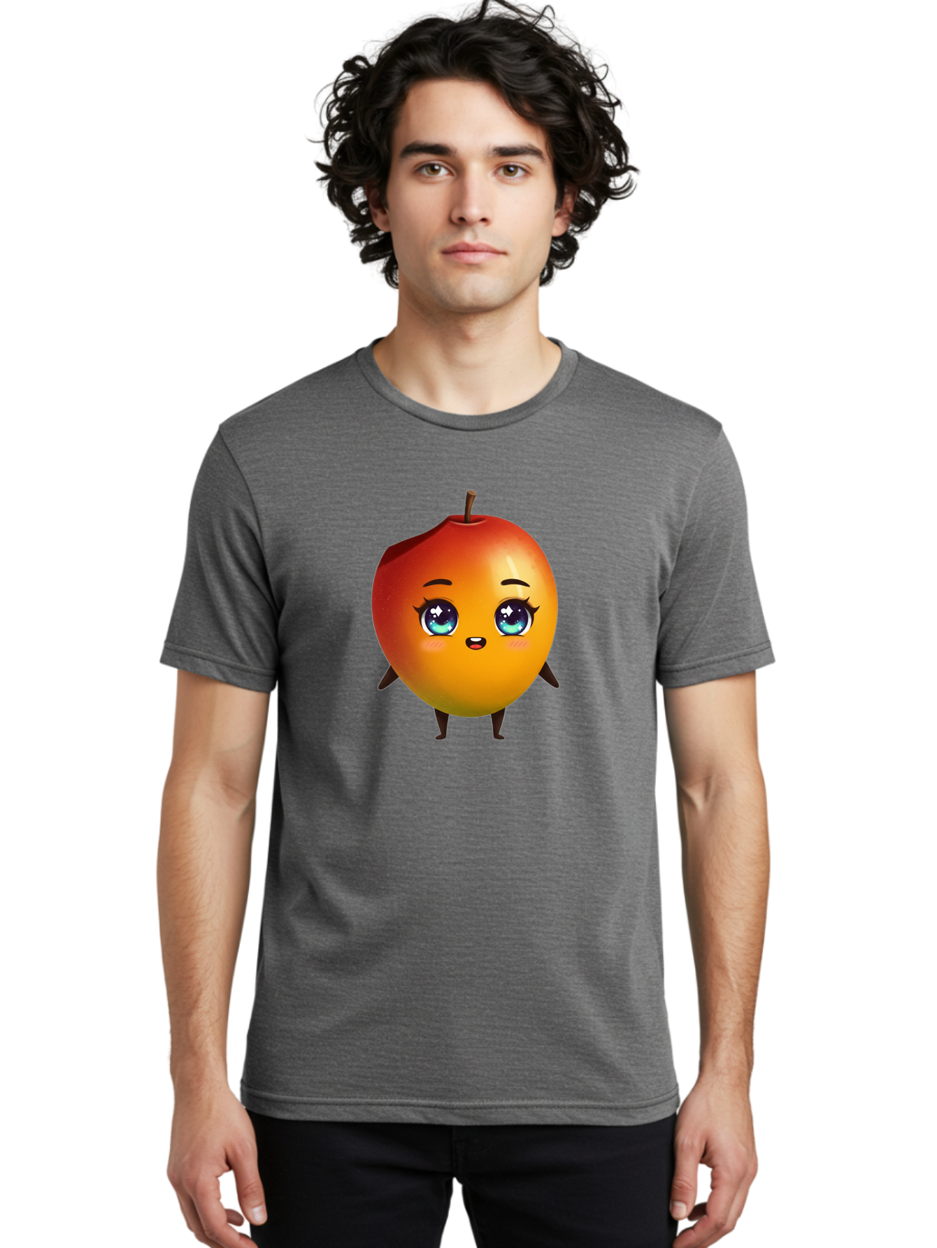 Mango-1 Men'S Graphic Tee, 100% Cotton, Comfortable Casual Summer Wear, Machine Washable, Cartoon Apple, Kawaii Fruit, Adorable Character, Big Eyes, Sweet Expression, Playful Design, Vibrant Colors, Fun Illustration, Kawaii Art Bac128