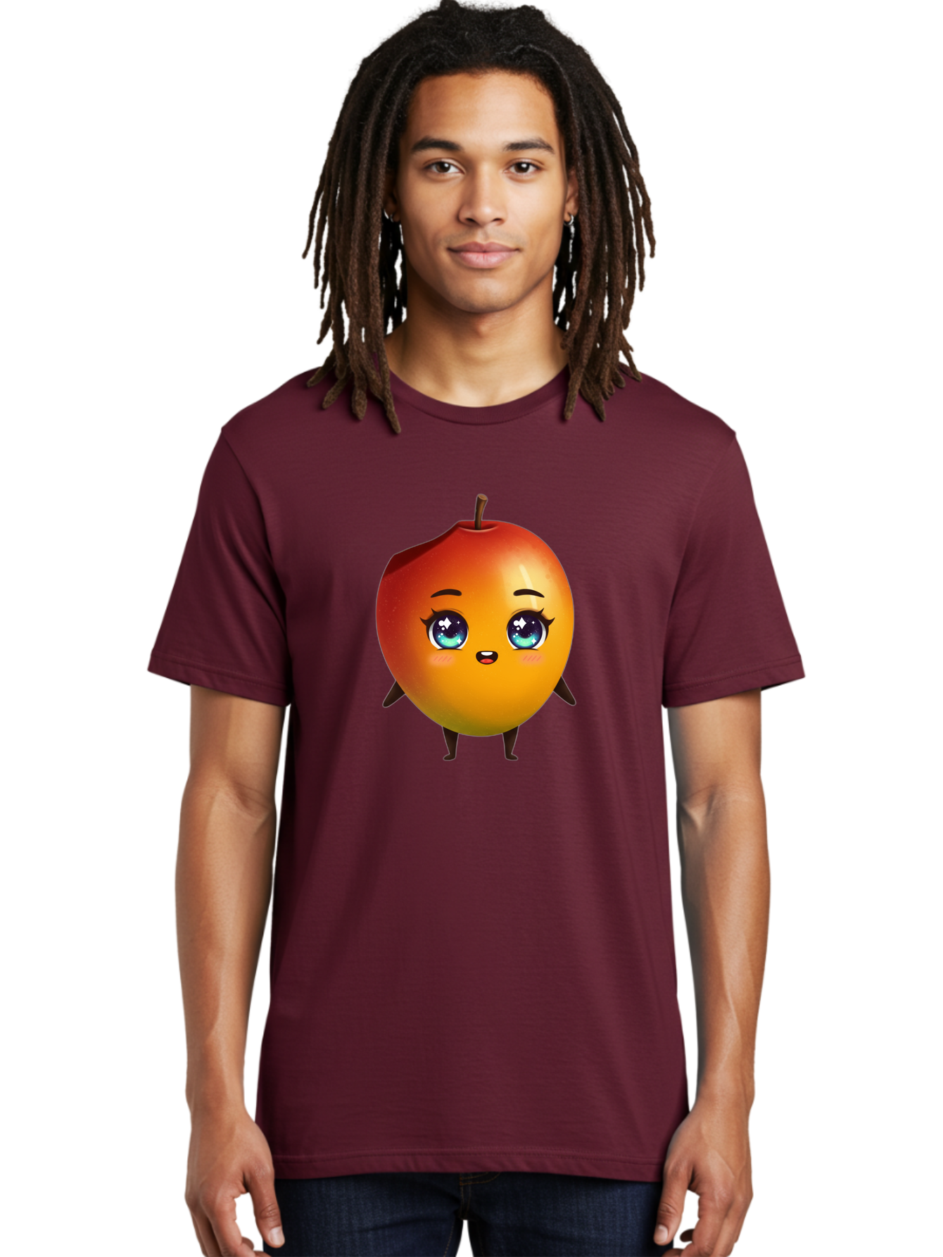Mango-1 Men'S Graphic Tee, 100% Cotton, Comfortable Casual Summer Wear, Machine Washable, Cartoon Apple, Kawaii Fruit, Adorable Character, Big Eyes, Sweet Expression, Playful Design, Vibrant Colors, Fun Illustration, Kawaii Art Bac128