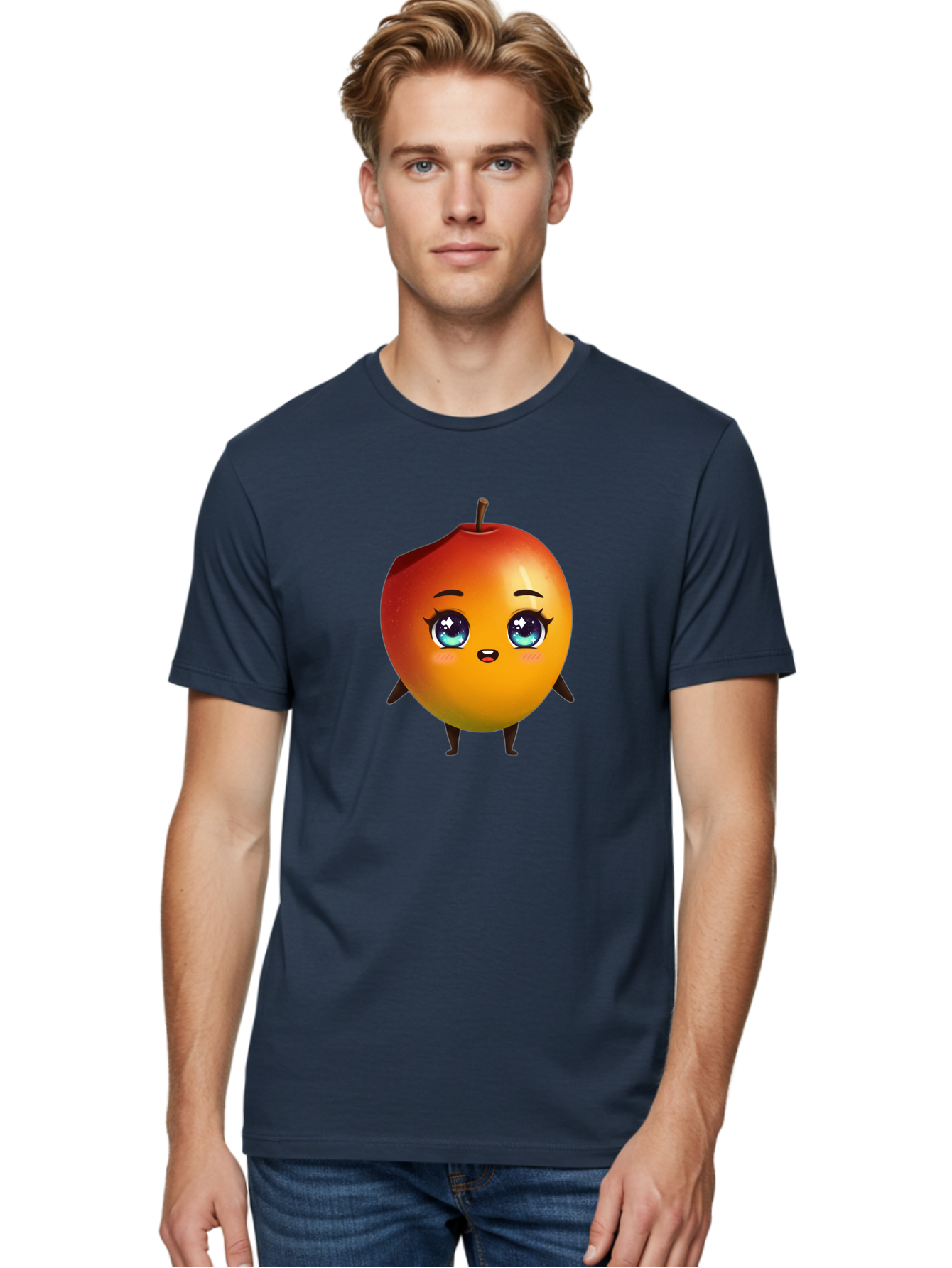 Mango-1 Men'S Graphic Tee, 100% Cotton, Comfortable Casual Summer Wear, Machine Washable, Cartoon Apple, Kawaii Fruit, Adorable Character, Big Eyes, Sweet Expression, Playful Design, Vibrant Colors, Fun Illustration, Kawaii Art Bac128