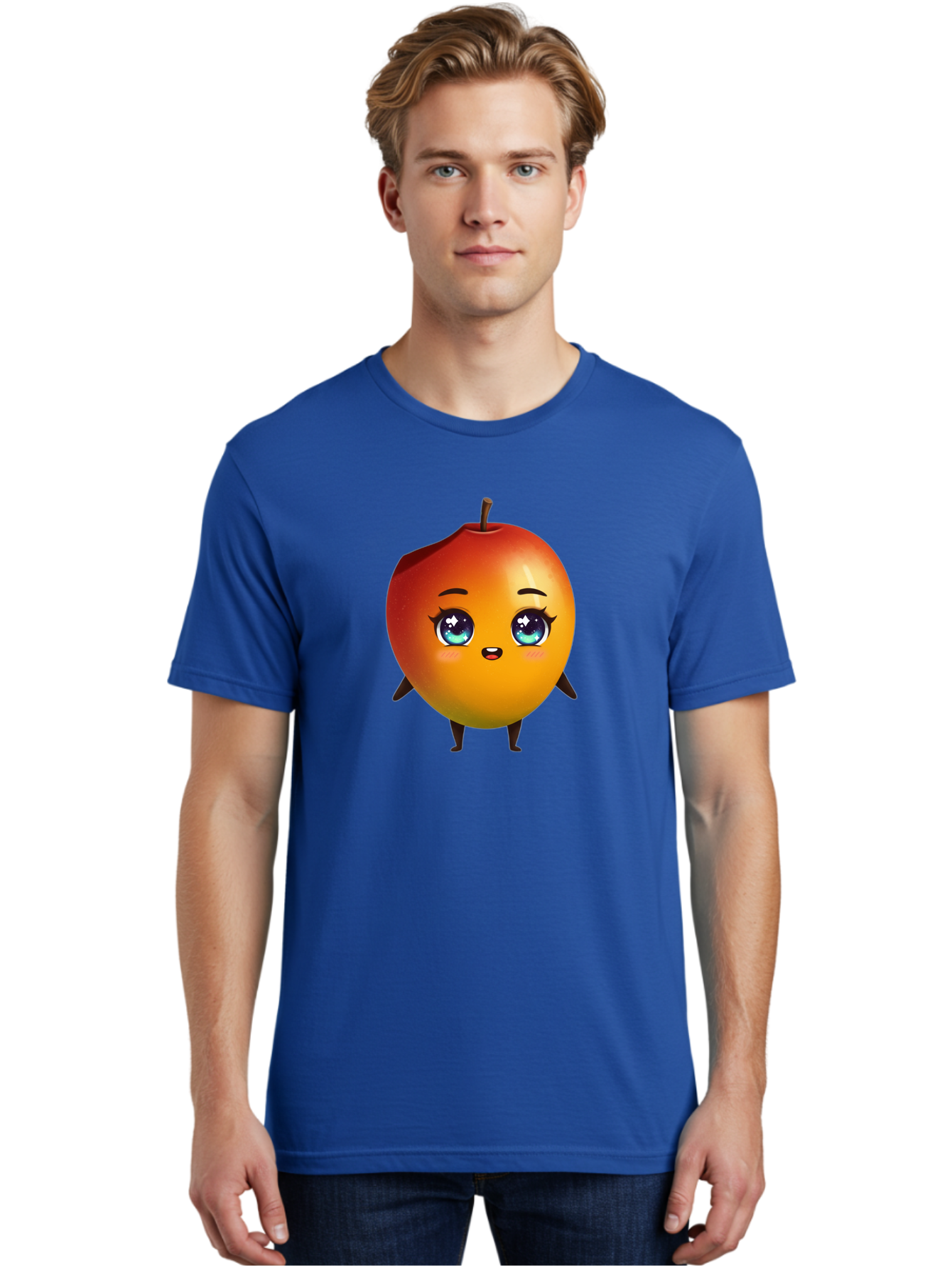 Mango-1 Men'S Graphic Tee, 100% Cotton, Comfortable Casual Summer Wear, Machine Washable, Cartoon Apple, Kawaii Fruit, Adorable Character, Big Eyes, Sweet Expression, Playful Design, Vibrant Colors, Fun Illustration, Kawaii Art Bac128