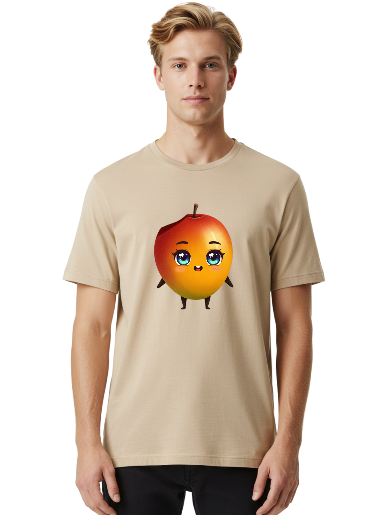 Mango-1 Men'S Graphic Tee, 100% Cotton, Comfortable Casual Summer Wear, Machine Washable, Cartoon Apple, Kawaii Fruit, Adorable Character, Big Eyes, Sweet Expression, Playful Design, Vibrant Colors, Fun Illustration, Kawaii Art Bac128