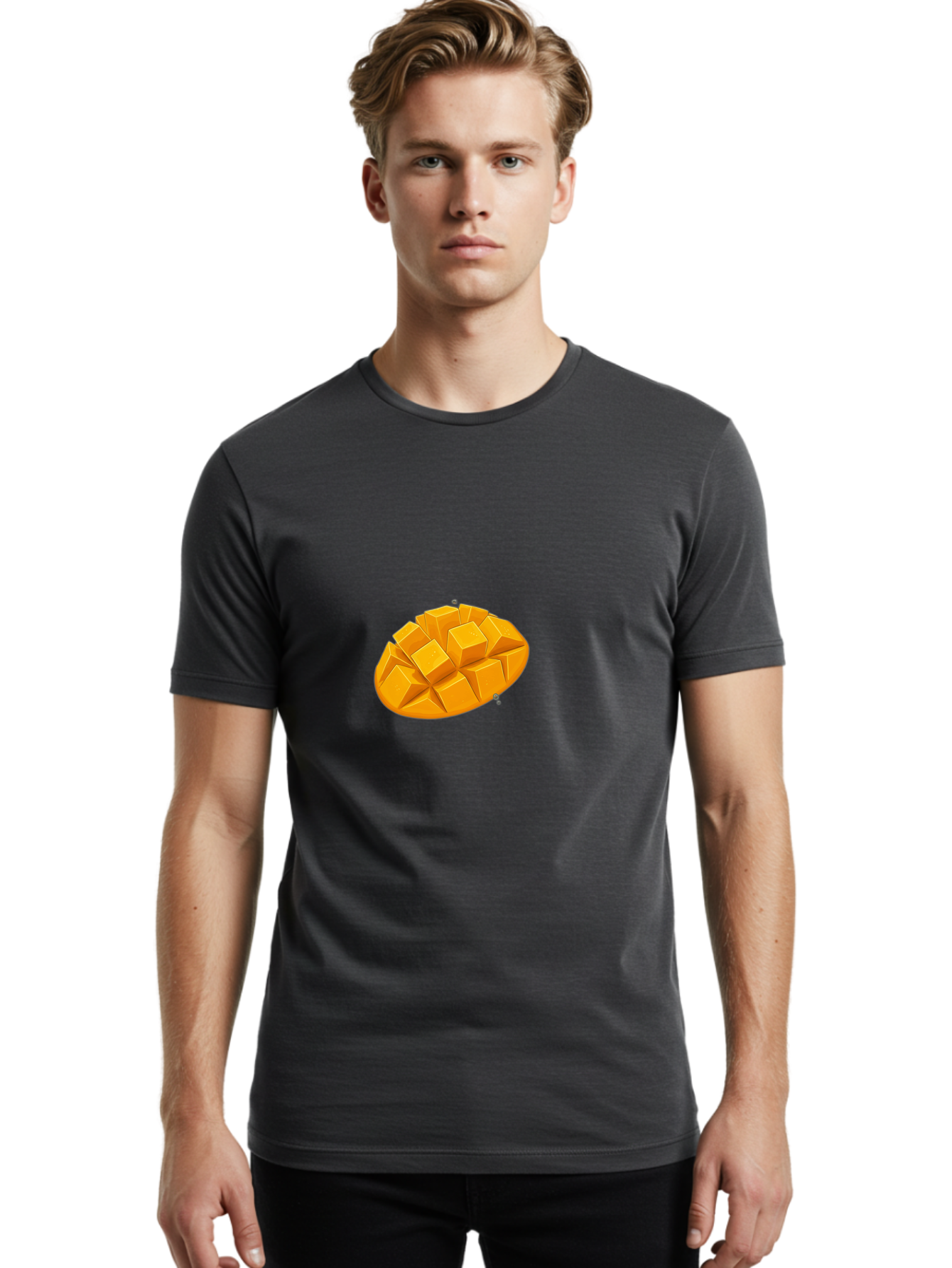 Mango-3 Men'S Graphic Tee, 100% Cotton, Comfortable Casual Summer Wear, Machine Washable, Cubed Mango, Diced Mango, Mango Fruit, Orange Fruit, 3D Illustration, Mango Chunks, Vibrant Orange, Fruit Graphic, Food Illustration Bac130