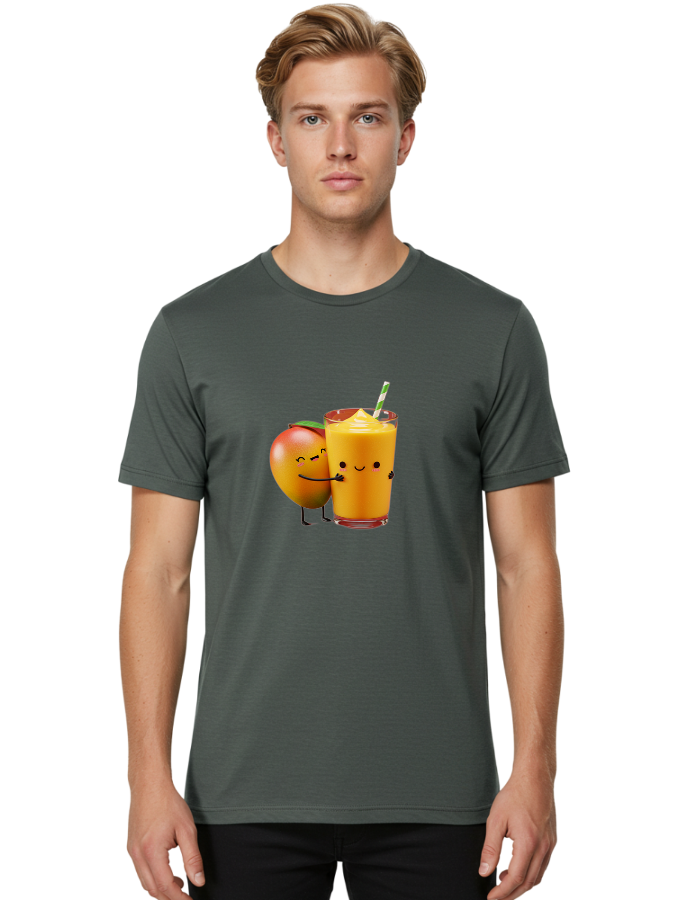 Mango-And-Smoothie Men'S Graphic Tee, 100% Cotton, Comfortable Casual Summer Wear, Machine Washable, Mango Smoothie, Mango Characters, Funny Illustration, Healthy Drink, Cartoon Fruit, Refreshing Beverage, Orange Juice, Happy Face, Bac134