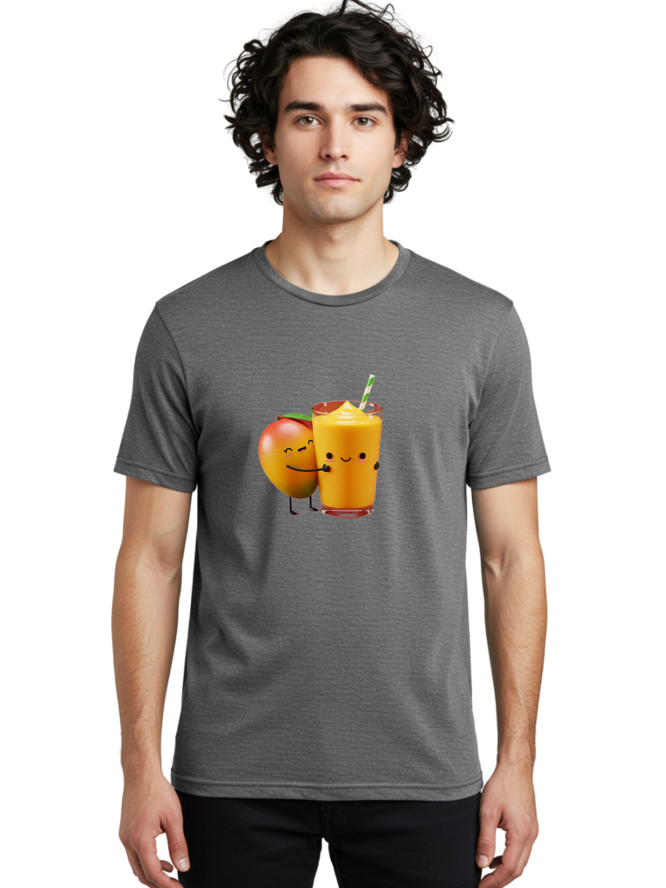 Mango-And-Smoothie Men'S Graphic Tee, 100% Cotton, Comfortable Casual Summer Wear, Machine Washable, Mango Smoothie, Mango Characters, Funny Illustration, Healthy Drink, Cartoon Fruit, Refreshing Beverage, Orange Juice, Happy Face, Bac134