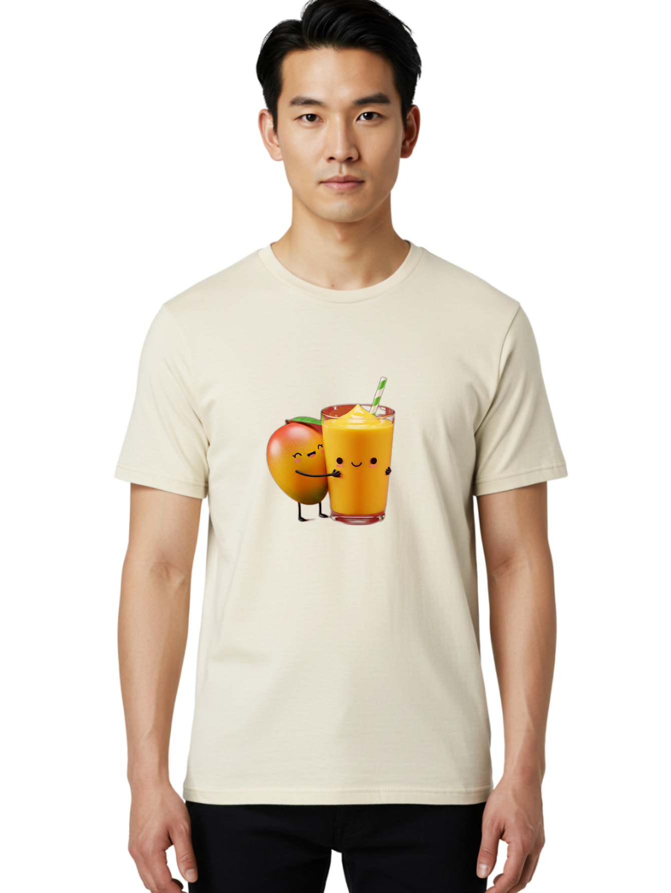 Mango-And-Smoothie Men'S Graphic Tee, 100% Cotton, Comfortable Casual Summer Wear, Machine Washable, Mango Smoothie, Mango Characters, Funny Illustration, Healthy Drink, Cartoon Fruit, Refreshing Beverage, Orange Juice, Happy Face, Bac134