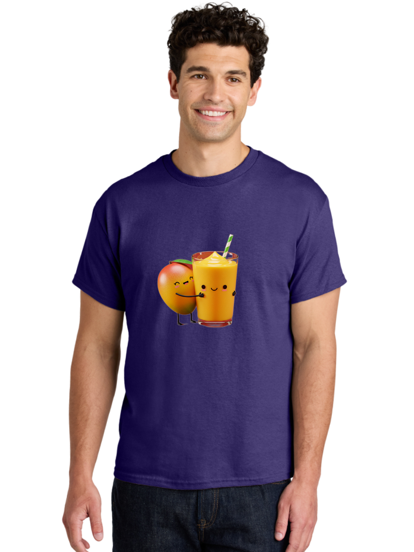 Mango-And-Smoothie Men'S Graphic Tee, 100% Cotton, Comfortable Casual Summer Wear, Machine Washable, Mango Smoothie, Mango Characters, Funny Illustration, Healthy Drink, Cartoon Fruit, Refreshing Beverage, Orange Juice, Happy Face, Bac134