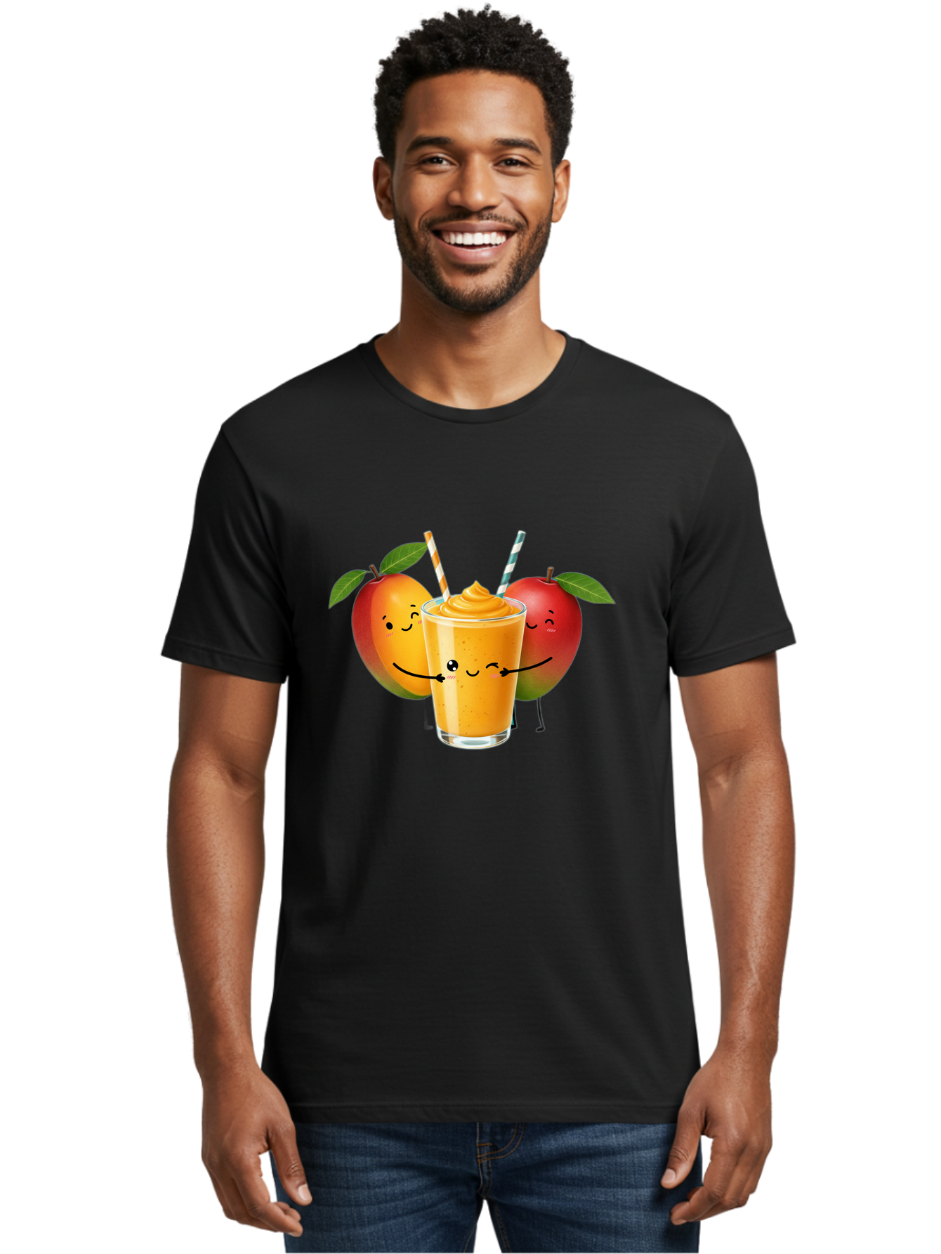 Mango-Apple-Smoothie Men'S Graphic Tee, 100% Cotton, Comfortable Casual Summer Wear, Machine Washable, Mango Smoothie, Apple Characters, Orange Drink, Cartoon Style, Happy Fruits, Smiling Faces, Healthy Beverage, Refreshing Drink, Bac135